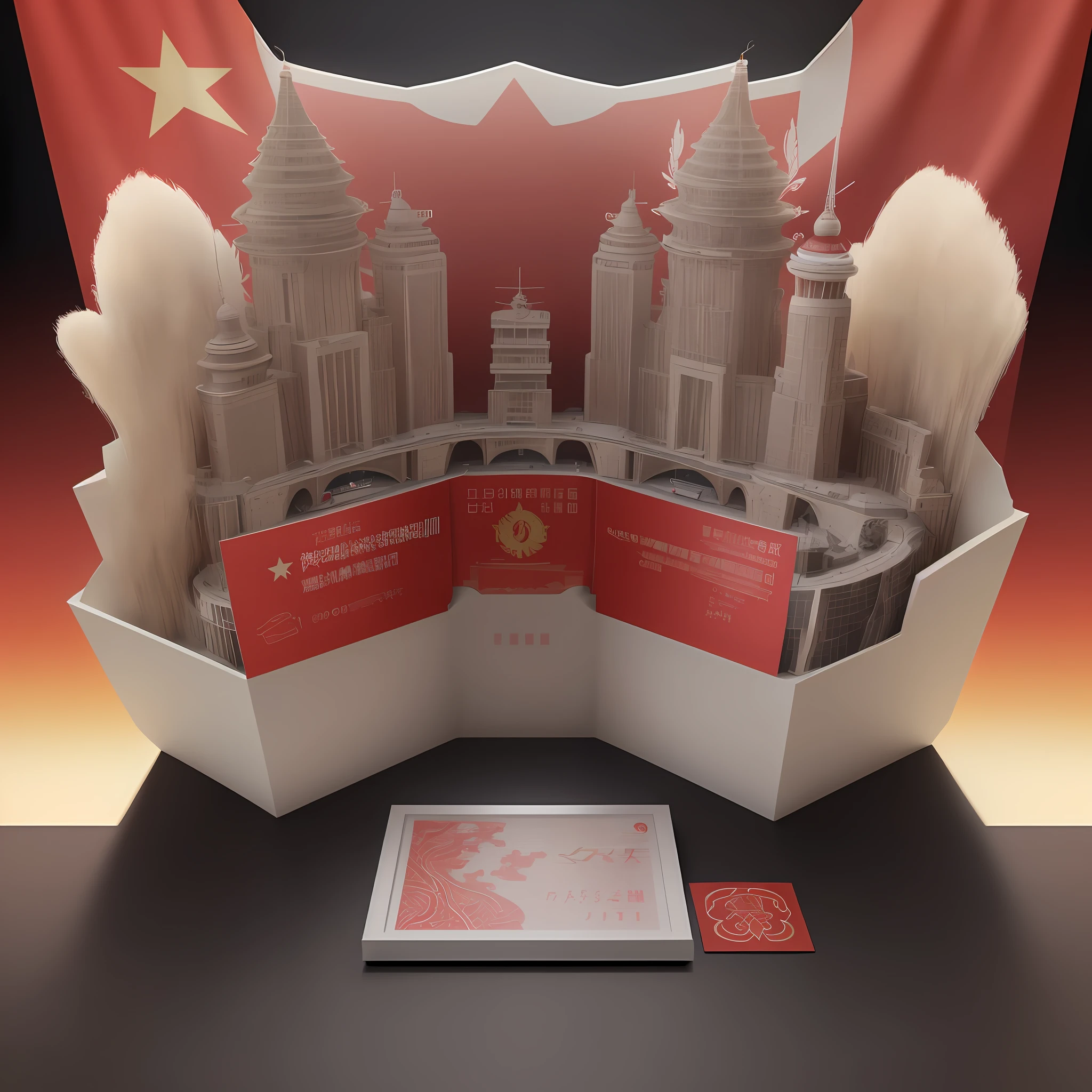 There is the national emblem of the Communist Party of China, 4D, poster design, using elements such as high-speed rail, rockets, astronauts, Tiananmen Square, five-star red flag, award-winning, highly detailed, ultra-high-definition, 3D, modern, mixed, award-winning, textured skin,