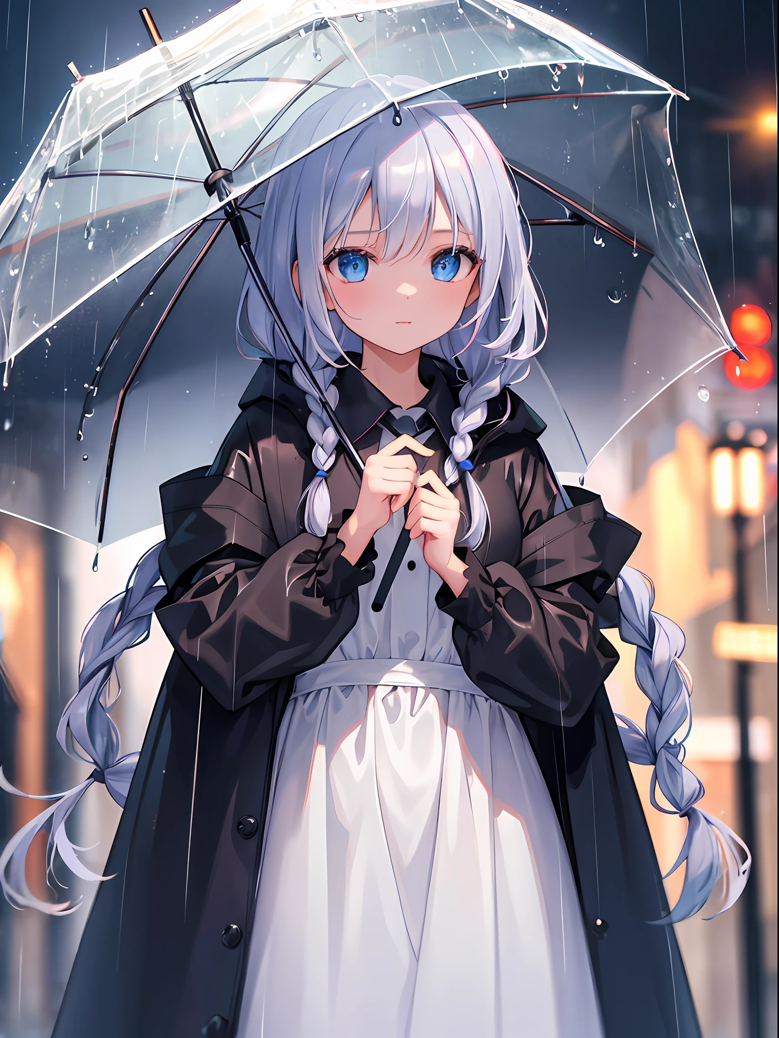 (masterpiece:1.21), (best quality:1.331), (ultra-detailed), (extremely best illustration), ((amazing)), (hyper quality), gorgeous and rich graphics, (extremely beautiful and beautiful:1.21), 8k, wallpaper, (beautiful lighting), bright light, detailed composition, ( Perfect Composition), (Extremely Beautiful Detailed Background: 1.21), Rembrandt Style Light and Shadow Expression, Dark Tones, (Low Key and High Variance Color Scale), ((Depth of Field)), Deep Shadows, Dynamic Angles, Radial Blur, Rain, Clear Raindrops (City Lights, Blurred Background), (1girl), No Umbrella, In the Rain (Beautiful Detailed Eyes), Clear Blue Eyes, Long Silver French Braids, Camouflage Suit, Transparent Raincoat, Wet Clothes, Wet Skin and Wet Hair, Lens Hare, Crosslight, Street, Masterpiece , the best quality,