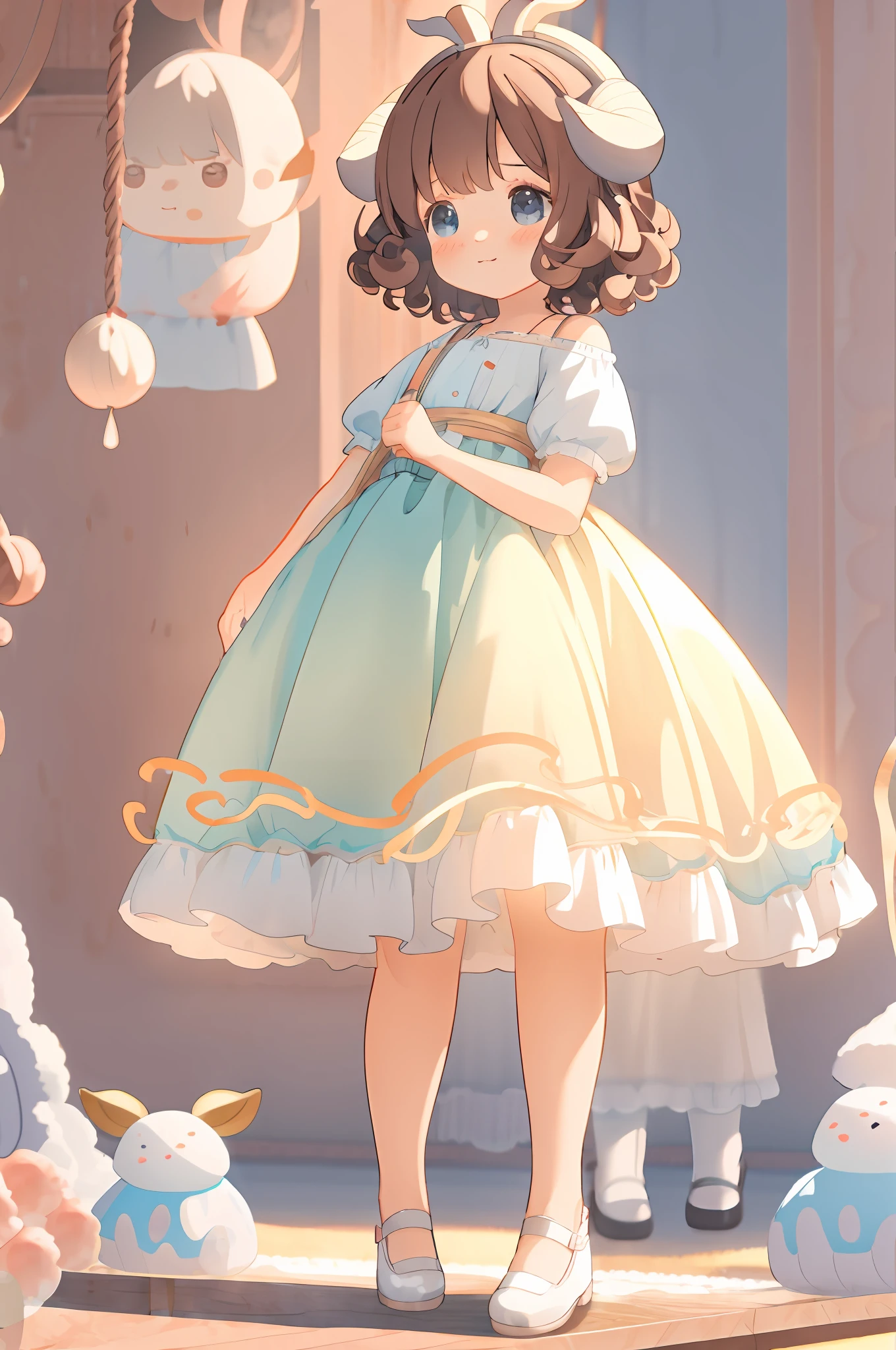 Cute little girl with big watery eyes, full body, delicate shoes, delicate hair, cute brown clothes, plush, cute goat horns, short hair, curly hair, popmart blind box, clay texture, clean background, natural light, best quality, ultra detail, 3d art, c4d, blender, oc renderer, 3d render, 8k