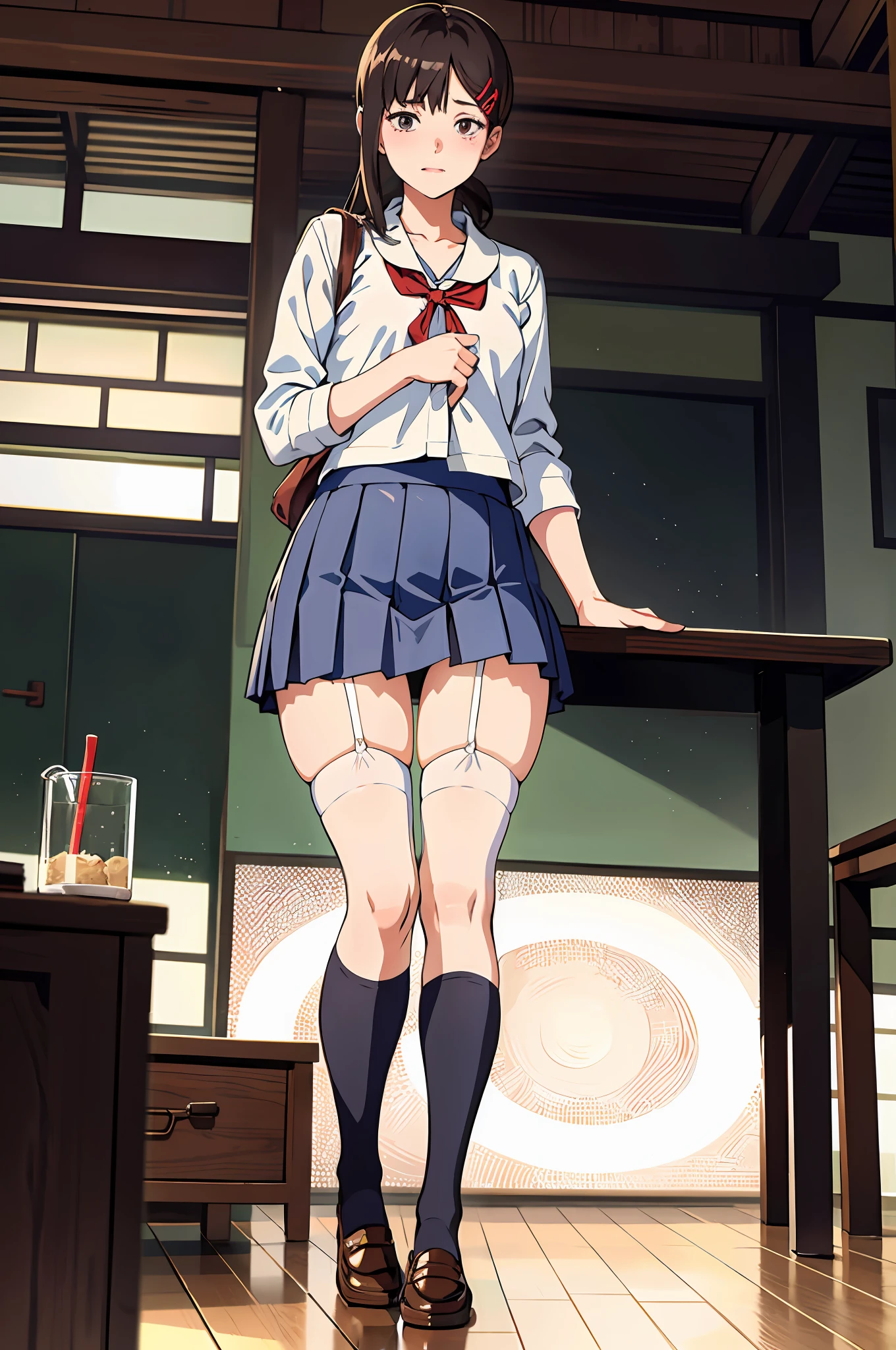 Girl in front of the class, in Japanese school uniform, posing standing, full body, lifting her skirt, wearing garter stockings, embarrassed, very detailed, high resolution, good anatomy, baby face, beautiful, cute hands, small breasts.