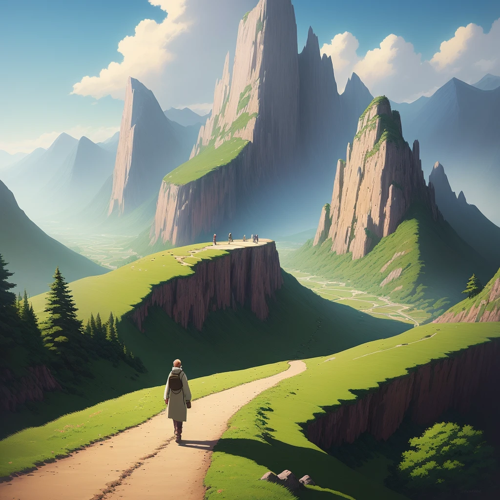 There is a man walking down the mountain path, artwork illustration, anime landscape, illustrator Tom Clohosy Cole, behance, Studio Ghibli,