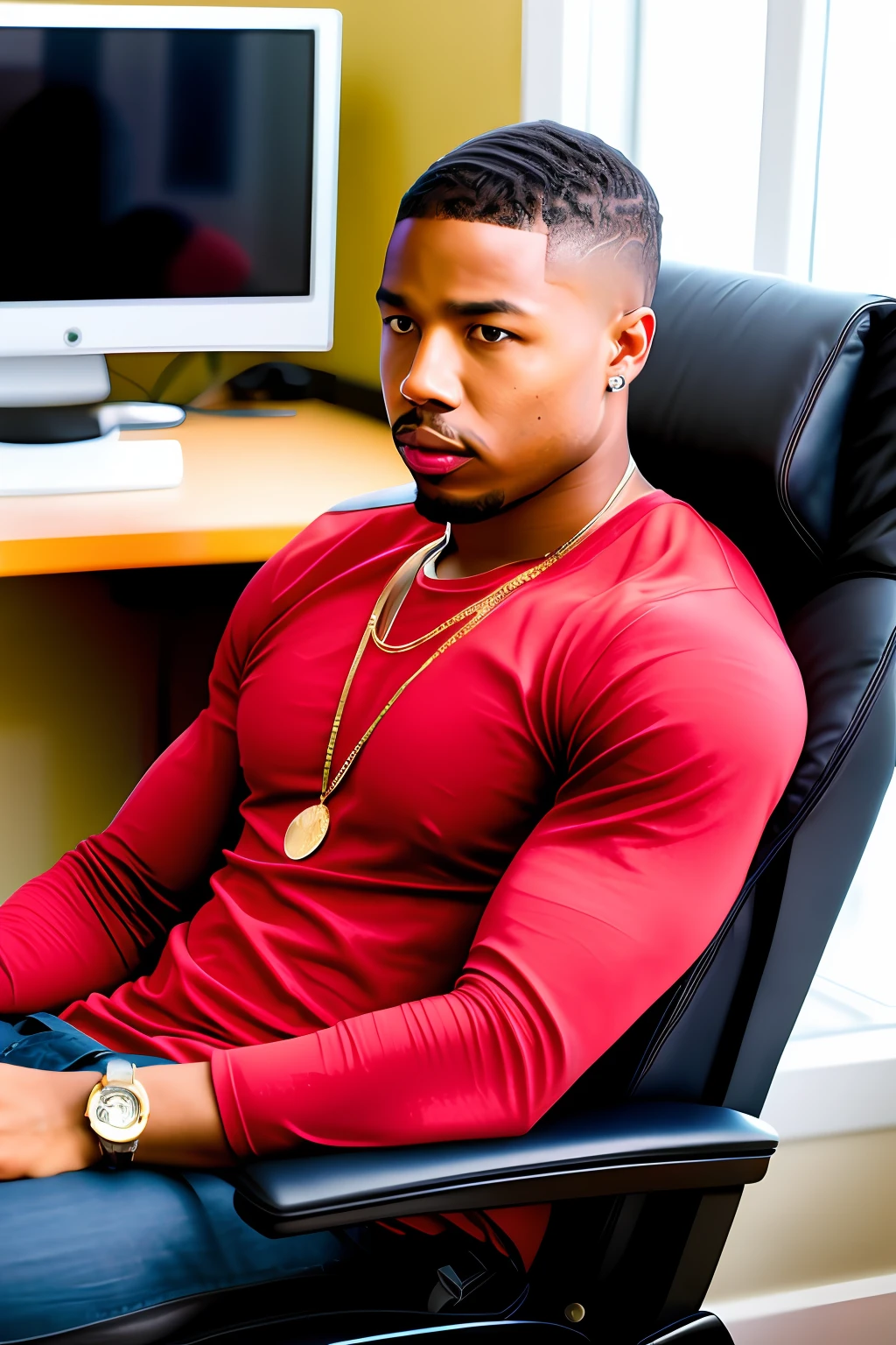 Black man, inspired realist
Michael B Jordan sitting in a gaming chair fiddling with the computer