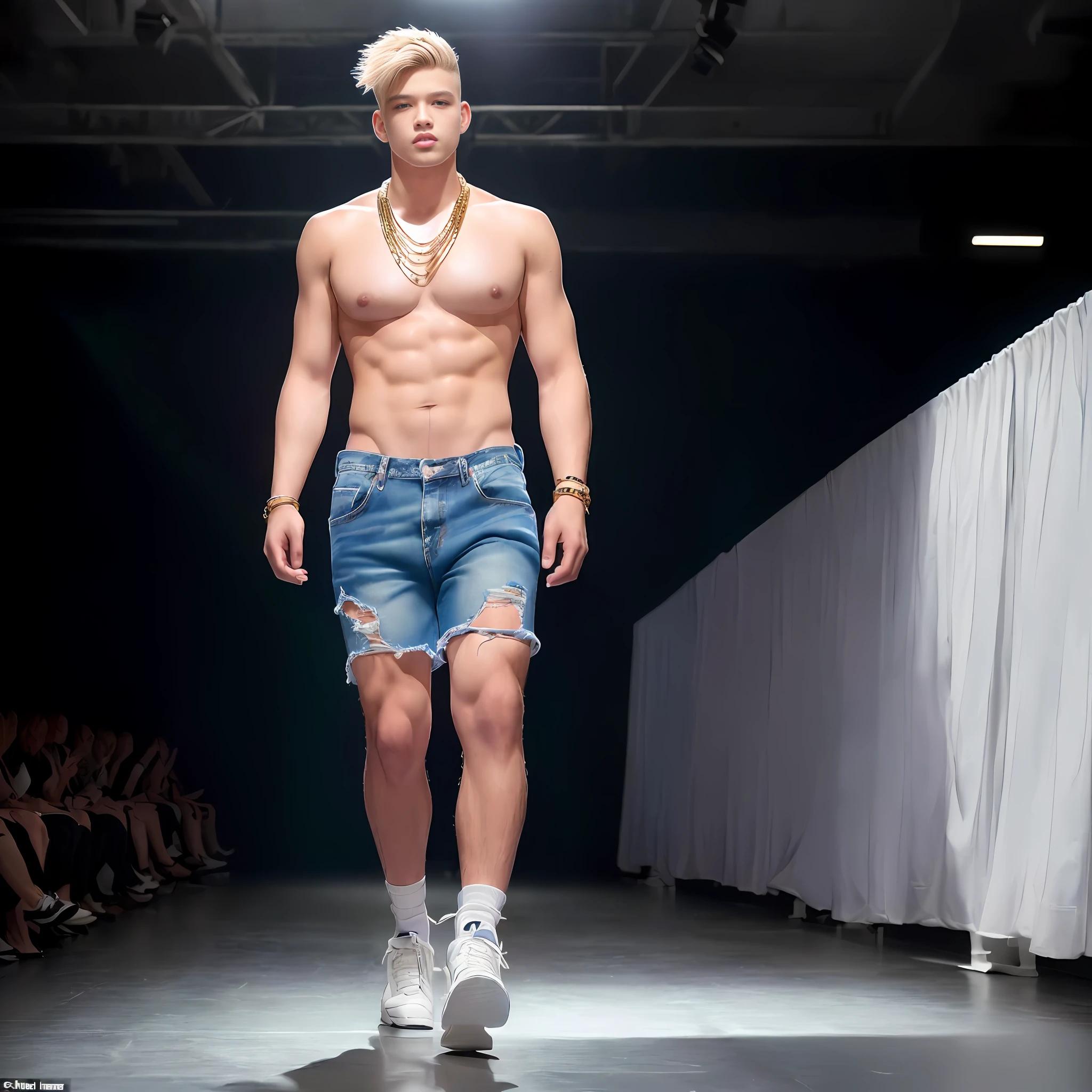1 man walking the runway at a fashion show, shirtless,handsome, photographer Bruce Weber, lean, skinny, thin thin thin , blond hair military haircut, lean lightly muscular, red bandana around neck, , runner build , medium height, blue eyes, nasty dirty minded hustler escort male prostitute vibe, looking for new male client ls, wants money now,. Pierced and big nipple rings, formal posture, formal walking style, hands to his sides, not singing, looks at camera, flare lens, super high resolution photo, several gold chains around his neck, looks like a white rap star, , photorealistic, not a perfect body, male , realistic clothing, in clothes! highly detailed, , highly detailed full body, full body wearing blue denim short shorts highly distressed and faded, shirtless, white high top basketball shoes brand new clean and white with red shoelaces, white crew socks, runner build, lean muscles show on his toned hairless body, lightly sweating reflecting in the runway lights, best quality photo, not anime, not cartoon, real-life person, real scene, no anime characters, expensive denim short shorts purple highly distressed and faded and torn, sexy, confident, cocky, looks directly into camera, flirting with camera,, dressing like a street Only 1.man. one man only.