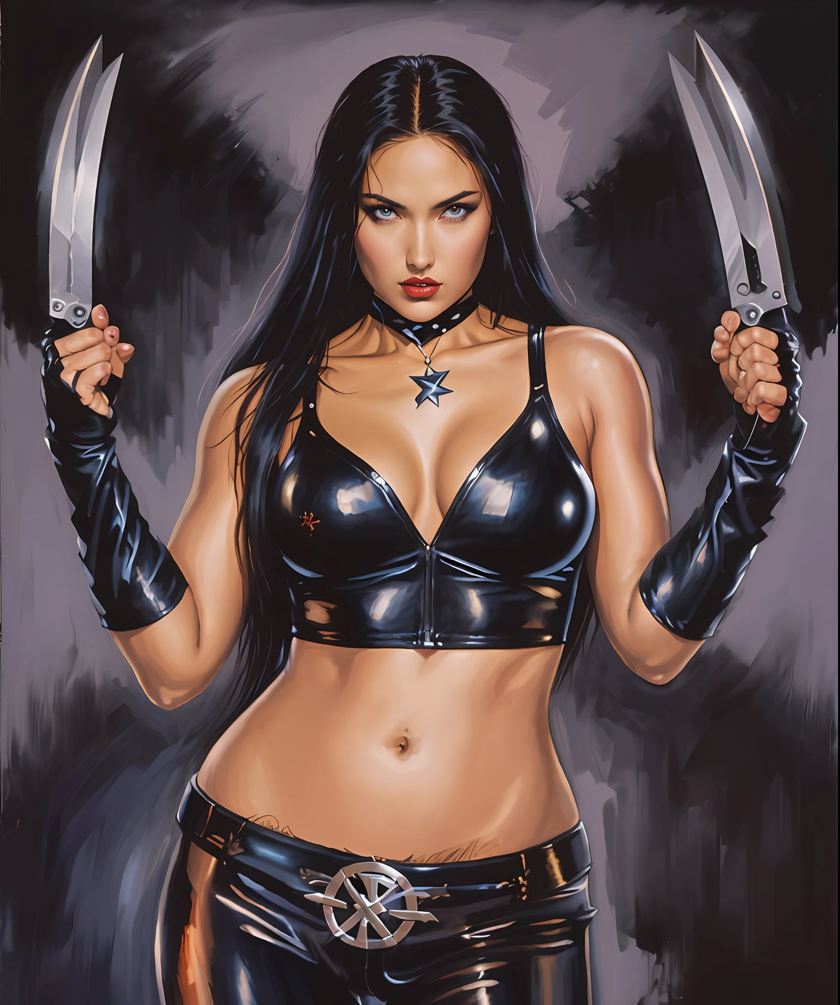 a painting of a woman in a black leather outfit holding two knives, psylocke, inspired by Joe Jusko, by Jason Edmiston, chris moore. artgerm, by Mark Brooks, full body x-force outfit, furious dark haired women, inspired by Mark Brooks, inspired by Bill Ward, zenescope, portrait of megan fox as demon