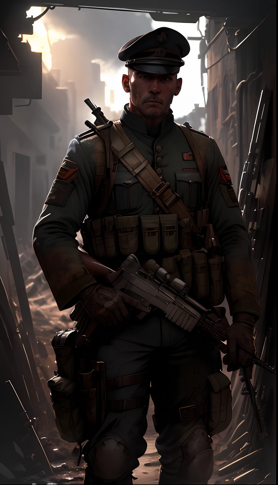 Soldier with dark uniform and rifle, ruined background, realistic, stylish, rutkowski, hdr, intricate details, hyperdetailed, cinematic, rim light, danger atmosphere