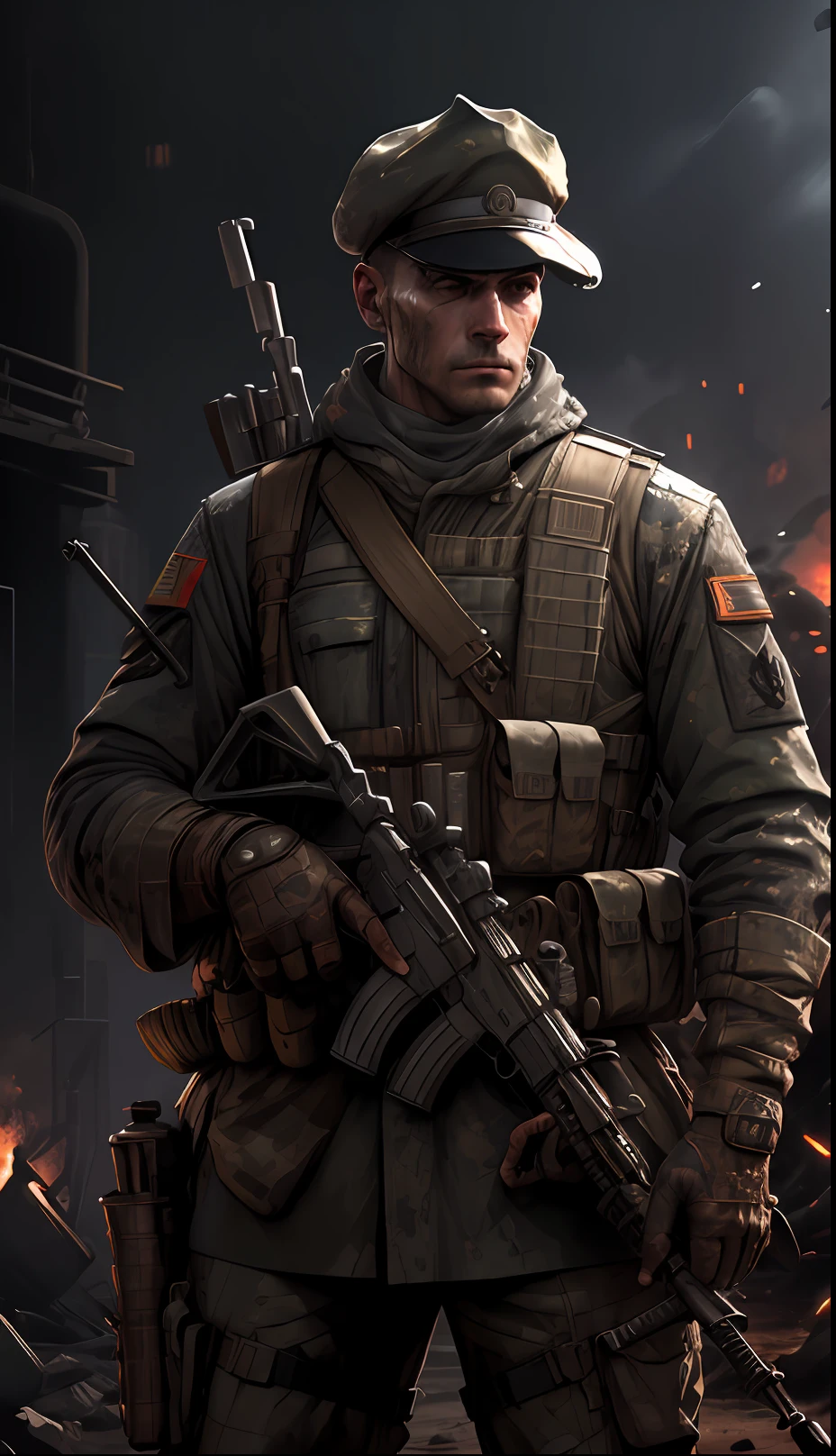 Soldier with dark uniform and rifle, ruined background, realistic, stylish, rutkowski, hdr, intricate details, hyperdetailed, cinematic, rim light, danger atmosphere