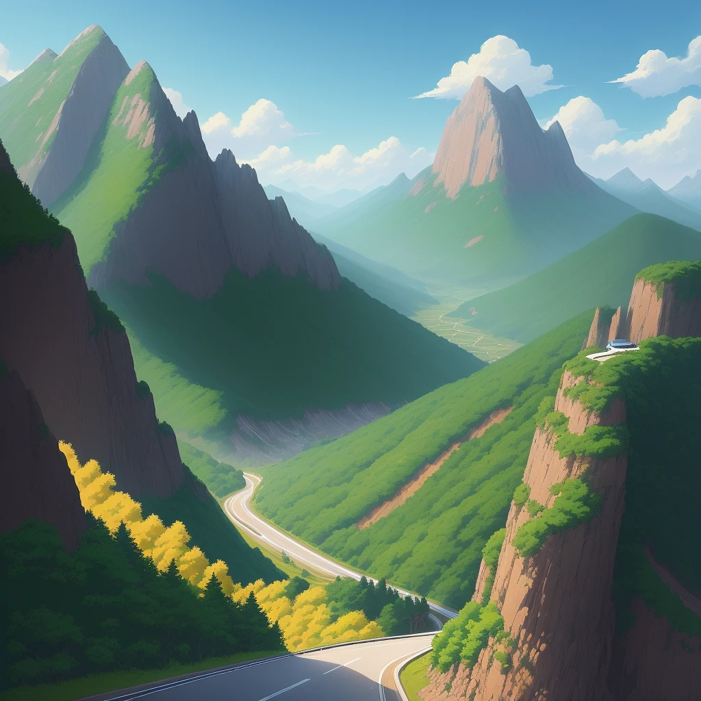 There is a car on the mountain road, artwork illustration, anime landscape, illustrator Tom Clohosy Cole, behance, Studio Ghibli, color block painting
