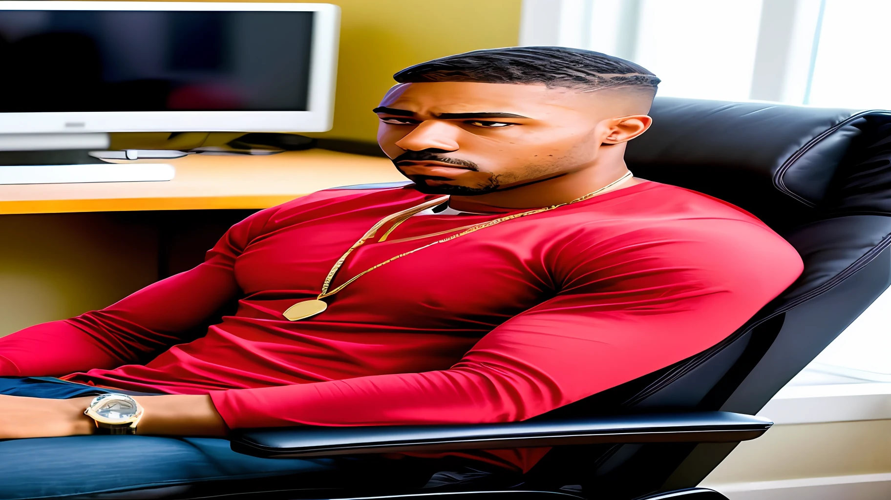 there is a man sitting in a chair with a laptop on his lap, handsome hip hop young black man, teddy fresh, nas, masterpice, high res, art masterpice, sitting at his desk, closeup portrait shot, mid shot portrait, sitting down, tyler miles lockett, hq ”, photo in style of tyler mitchell, he is a long boi ”