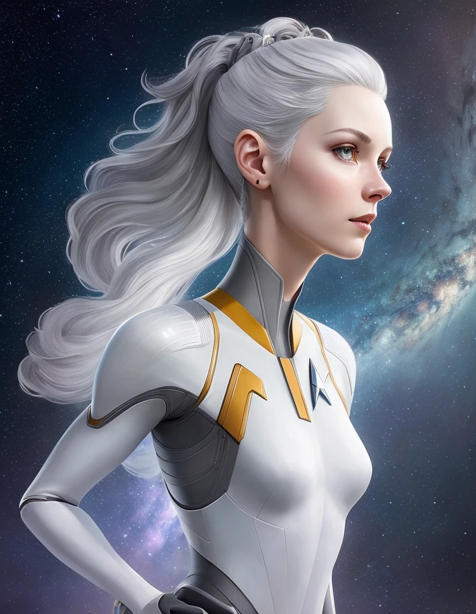 Digital in Painting Tania, pale skinny white female, 35 years old, ((gray hair)), porcelain profile android face, medium height, star trek, [full body], focus on character, pixar style, highly detailed, dynamic body postures, photography, full shot, Disney, character design, game features