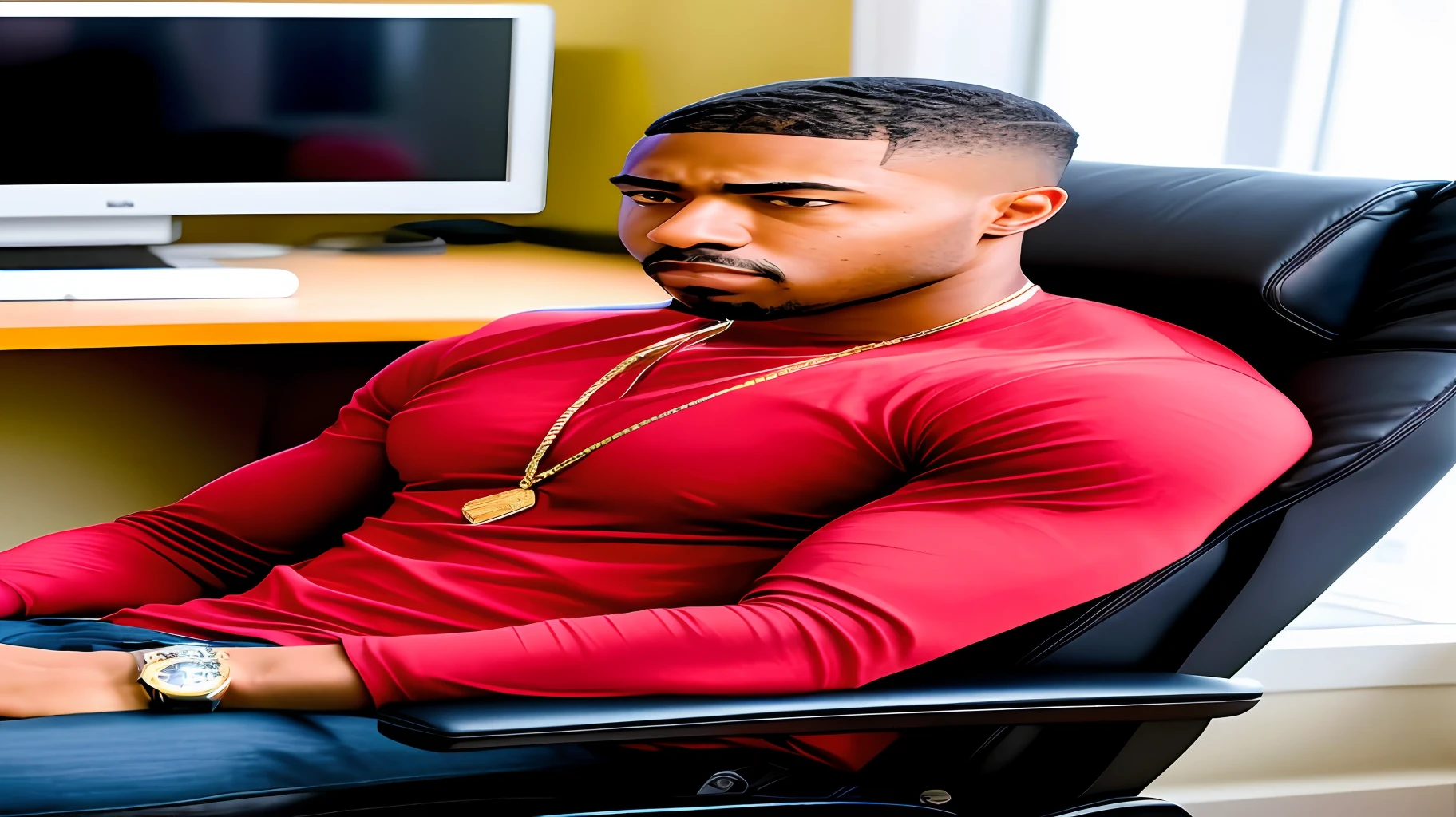 there is a man sitting in a chair with a laptop on his lap, handsome hip hop young black man, teddy fresh, nas, masterpice, high res, art masterpice, sitting at his desk, closeup portrait shot, mid shot portrait, sitting down, tyler miles lockett, hq ”, photo in style of tyler mitchell, he is a long boi ”