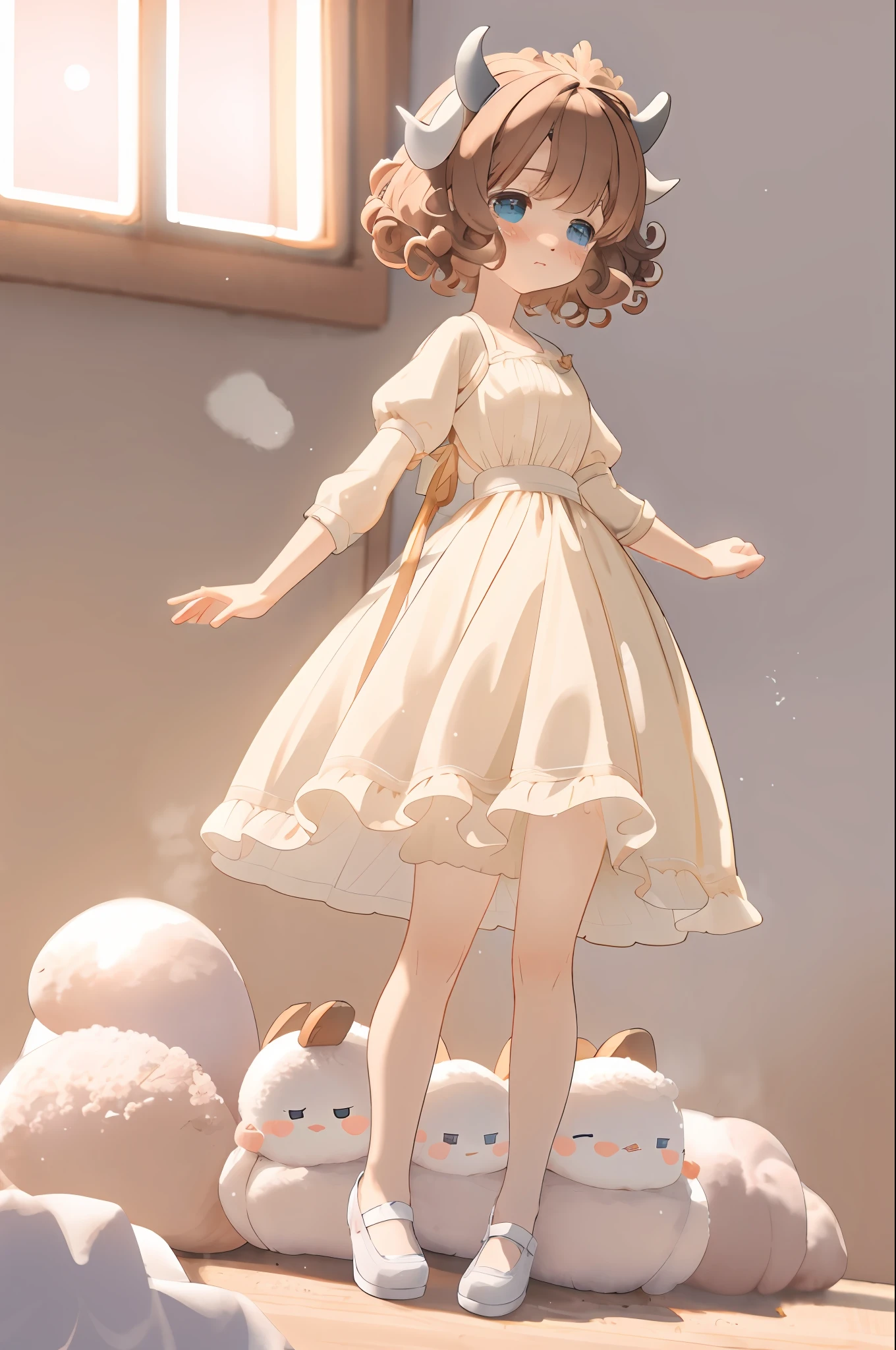 Cute little girl with big watery eyes, full body, delicate shoes, delicate hair, cute brown clothes, plush, cute goat horns, short hair, curly hair, popmart blind box, clay texture, clean background, natural light, best quality, ultra detail, 3d art, c4d, blender, oc renderer, 3d render, 8k