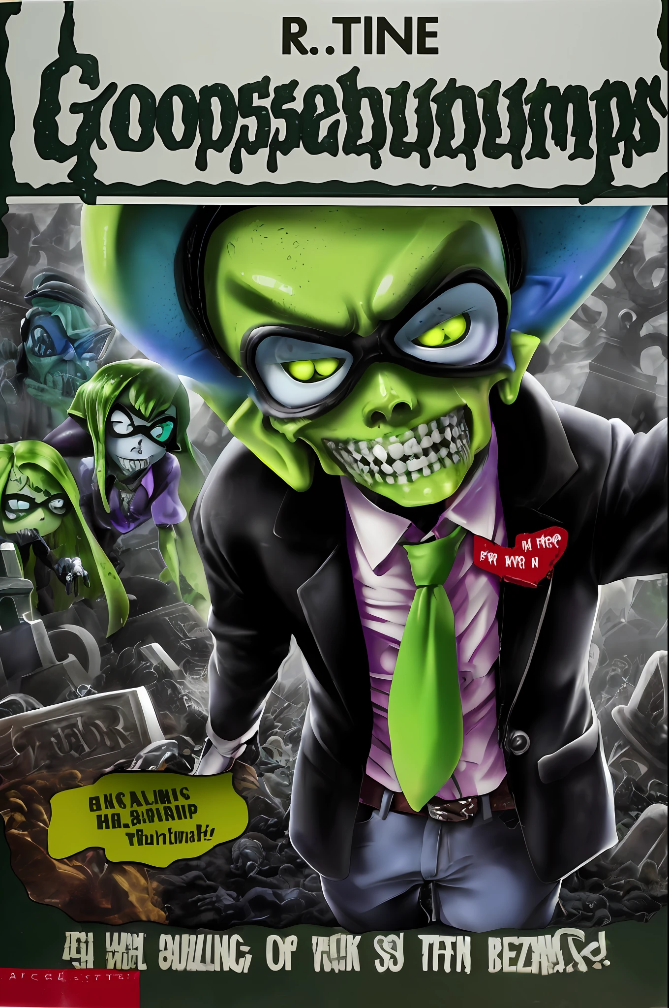 GoosebumpsBookCover attack of the graveyard ghouls,Inkling,splatoon,inkling,detailed,graveyard ghouls as inklings,a hand coming out of the ground,reaching out for you,with torn up clothes, wrinkly green skin,in the splatsville graveyard,walking towards inkpolis,with inklings boys and girls raising up from their gravestones with hands sticking out of ground on front of the tombstone,with a inkling zombie reaching out of a grave, reaching out for you