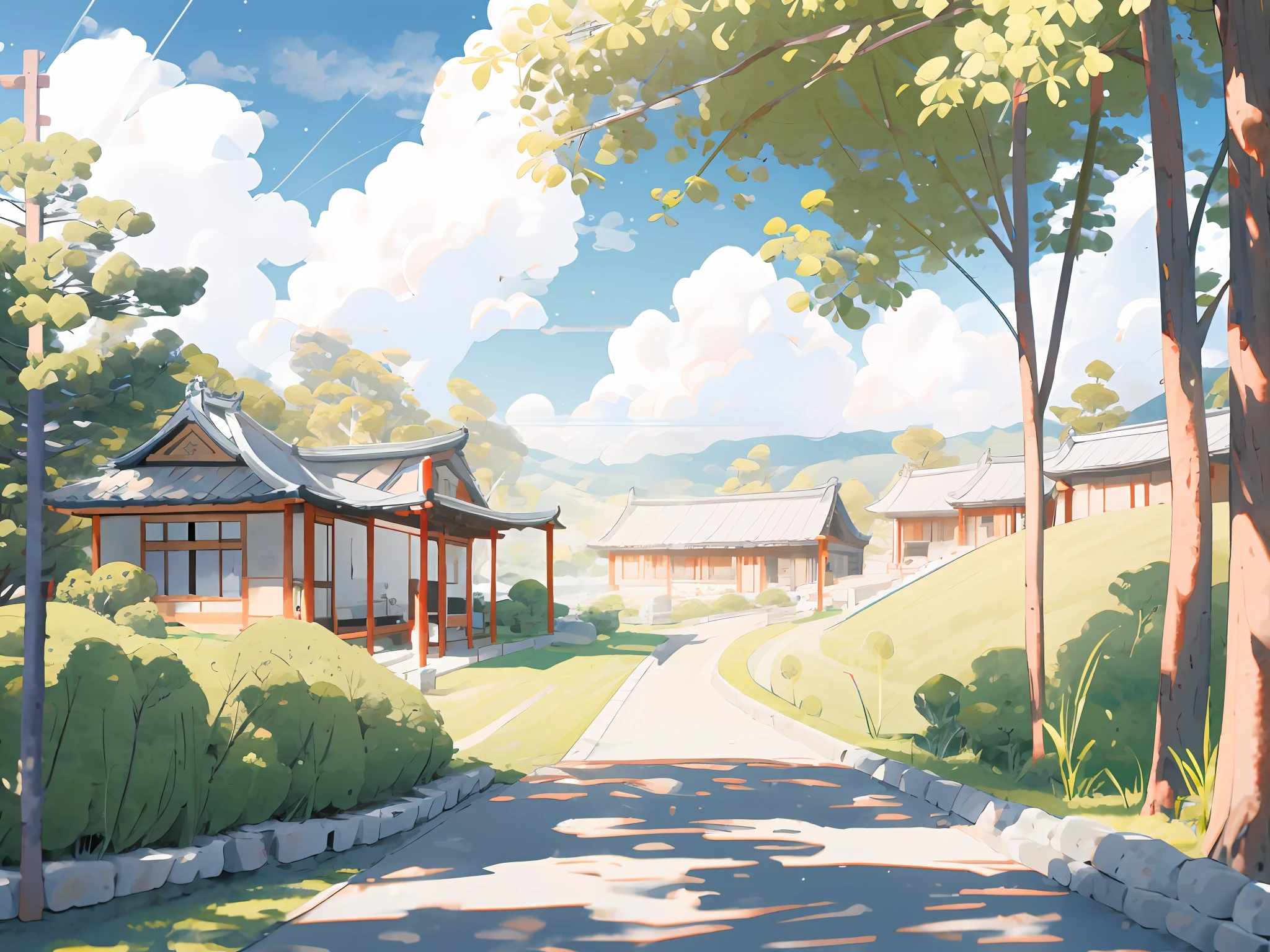 (Japanese town Landscape), (Hayao Miyazaki Style), cartoon, japanese rarely townhouse, road, bend, small house, tree, pole, white cloud, calm landscape, outdoor, green trees, epic composition, realistic lighting, high-definition detail, masterpiece, the best quality, (very detailed CG unified 8k wallpaper), clay texture, clean background, natural light, best quality, ultra detail, 3d art, c4d, blender, oc renderer, 3d render, 8k