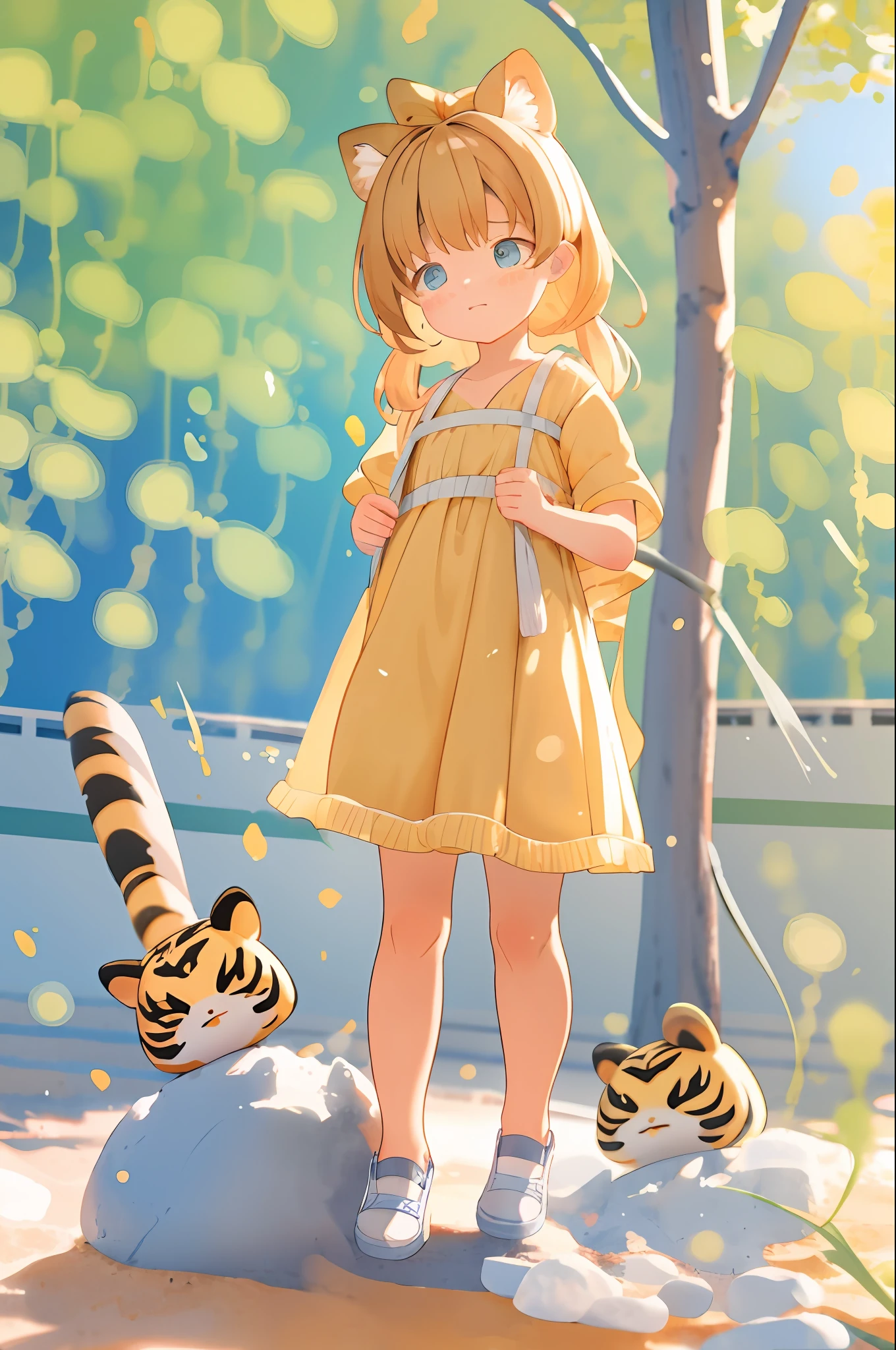 Cute *********** with big watery eyes, full body, delicate shoes, delicate hair, cute yellow striped clothes, little tiger, big tree, stone, small tiger teeth, popmart blind box, clay texture, clean background, natural light, best quality, ultra detail, 3d art, c4d, blender, oc renderer, 3d render, 8k