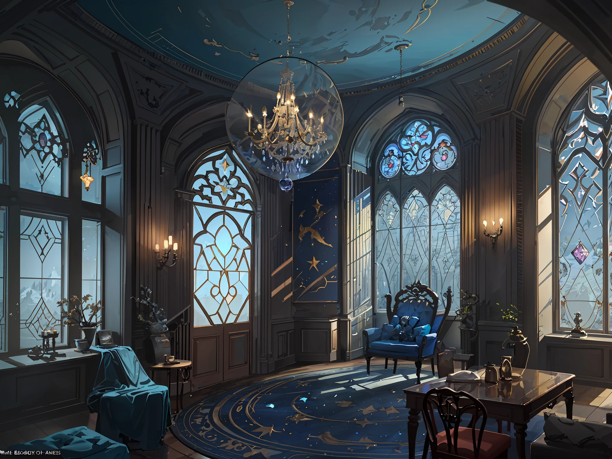 To the west of the castle is where the common rooms and dormitories are located. Common Room: A large circular room with elegant arched windows on the walls hanging from blue and bronze silk from which Ravenclaw students can see the beautiful scenery outside. The ceiling is a dome with stars and stars on the dark blue carpet below. The room has tables and chairs, bookshelves, white marble busts of Rowena Ravenclaw in the niche opposite the door, fantasy concept art, painting concept art, dark and pastel castle background, concept art amazing atmosphere, concept art style, magical concept art, concept art magical highlights. --v6