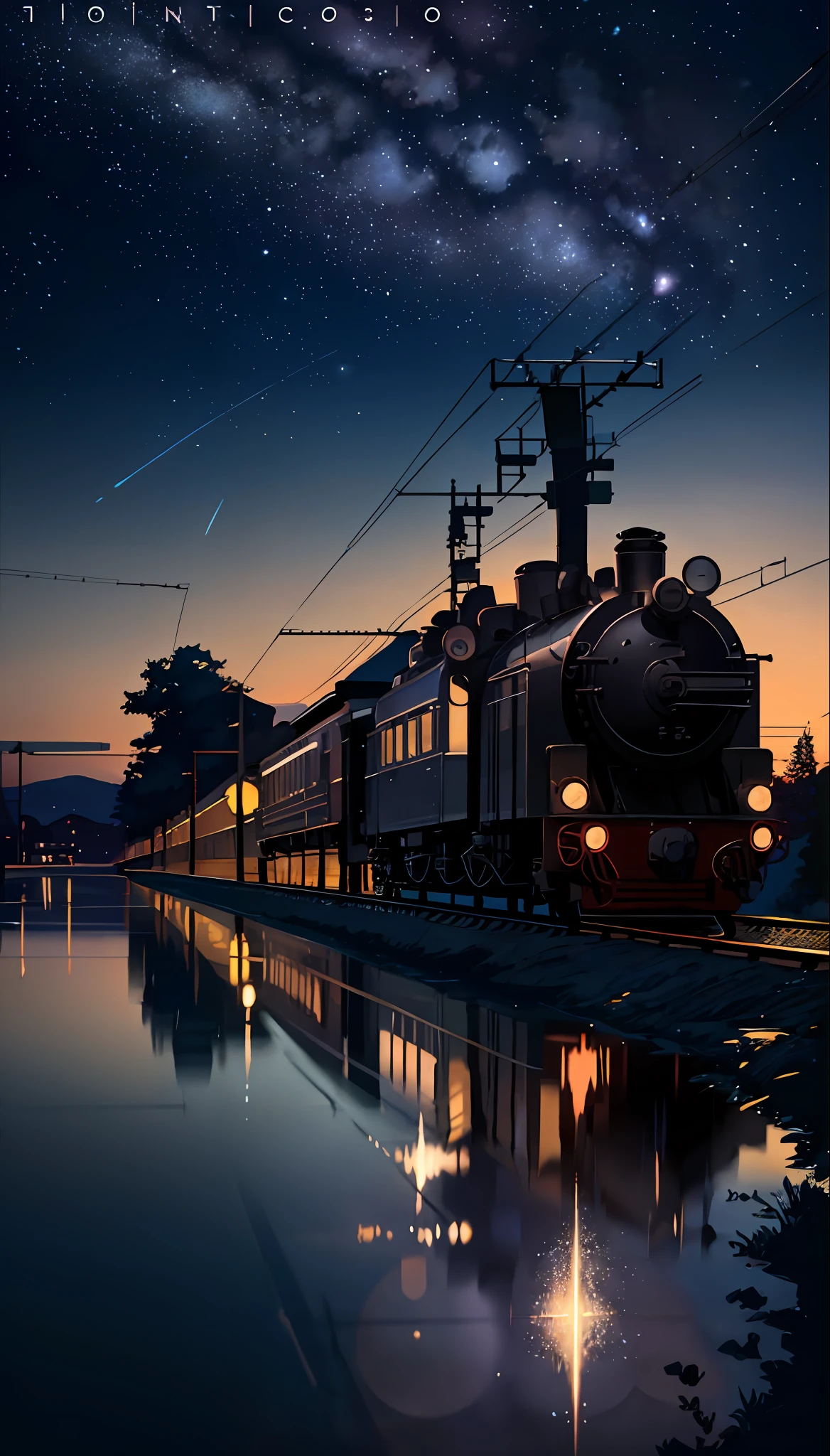 Masterpiece, anime train passing through bodies of water on tracks, bright starry sky. Romantic train, Makoto Shinkai's picture, pixiv, concept art, lofi art style, reflection. by Makoto Shinkai, lofi art, Beautiful anime scene, Anime landscape, detailed scenery —width 672, in style of Makoto shinkai, style of Makoto shinkai, enhanced details.