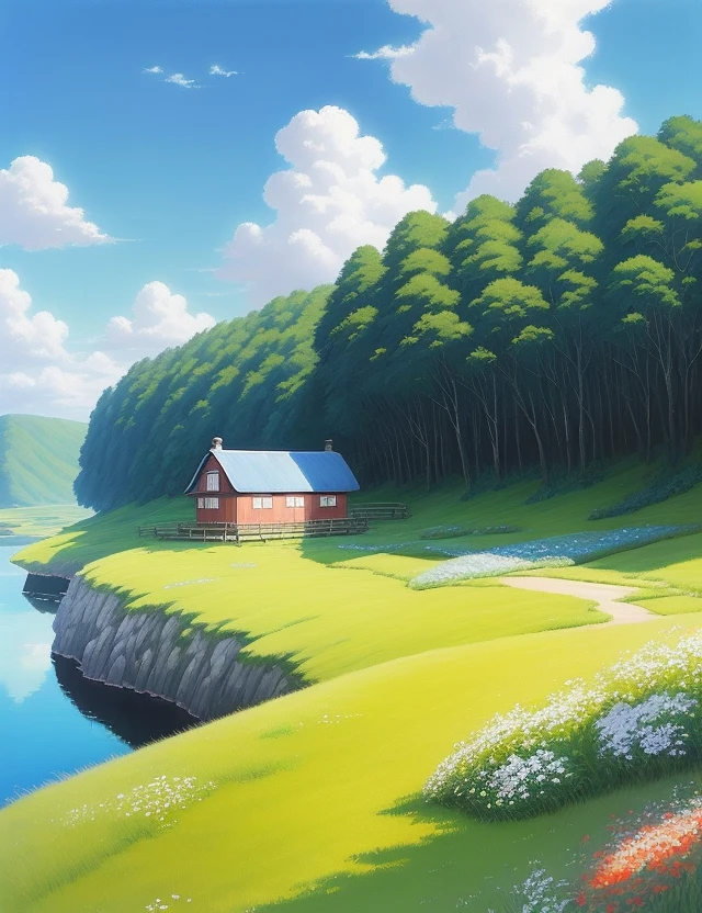 Realistic, authentic, beautiful and amazing landscape oil painting Studio Ghibli Hayao Miyazaki's petal grassland with blue sky and white clouds