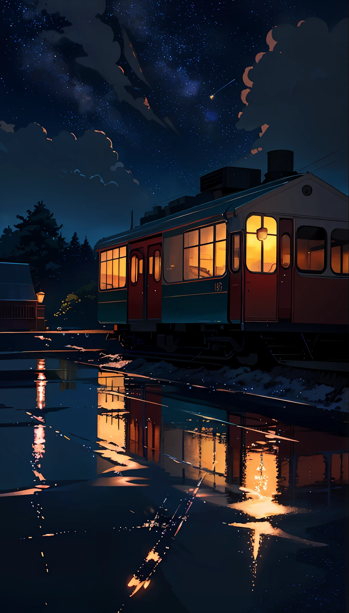 Masterpiece, anime train passing through bodies of water on tracks, bright starry sky. Romantic train, Makoto Shinkai's picture, pixiv, concept art, lofi art style, reflection. by Makoto Shinkai, lofi art, Beautiful anime scene, Anime landscape, detailed scenery —width 672, in style of Makoto shinkai, style of Makoto shinkai, enhanced details.