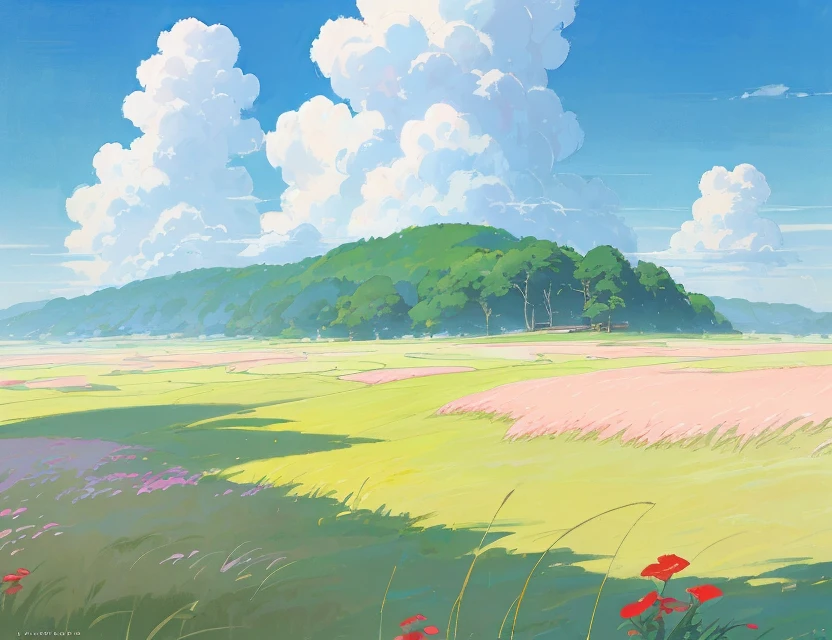Realistic, authentic, beautiful and amazing landscape oil painting Studio Ghibli Hayao Miyazaki&#39;s petal grassland with blue sky and white clouds