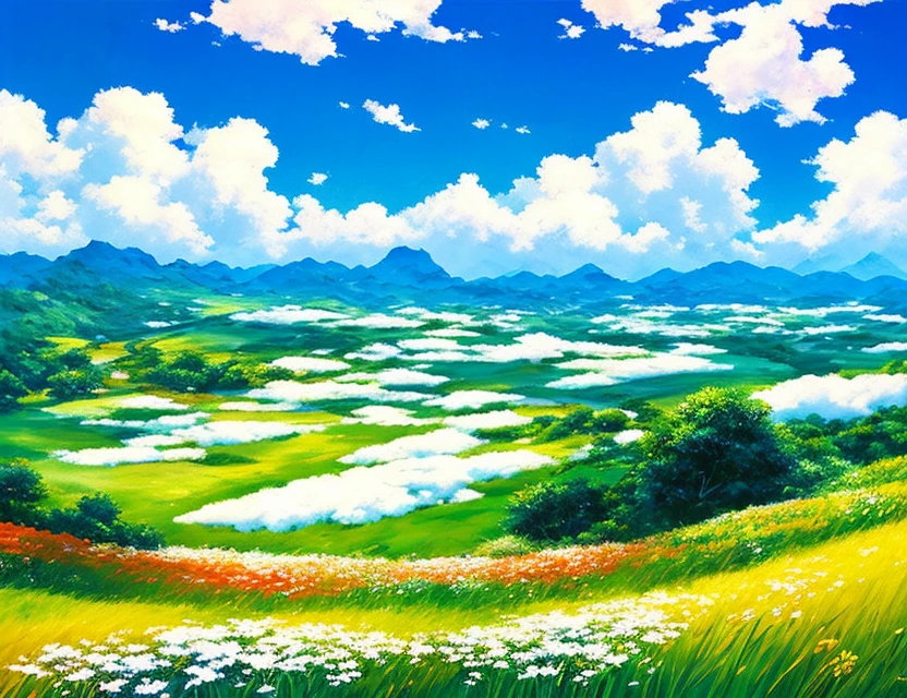 Realistic, authentic, beautiful and amazing landscape oil painting Studio Ghibli Hayao Miyazaki's petal grassland with blue sky and white clouds