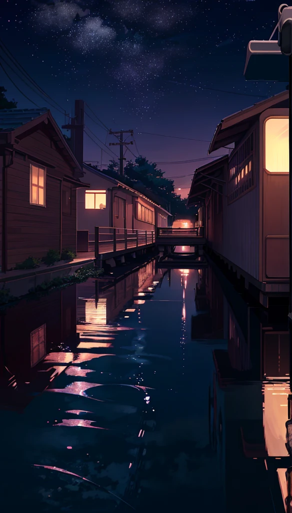 Masterpiece, anime train passing through bodies of water on tracks, purple and pink starry sky, brilliant starry sky. Romantic train, Makoto Shinkai's picture, pixiv, concept art, lofi art style, reflection. by Makoto Shinkai, lofi art, Beautiful anime scene, Anime landscape, detailed scenery —width 672, in style of Makoto shinkai, style of Makoto shinkai, enhanced details.