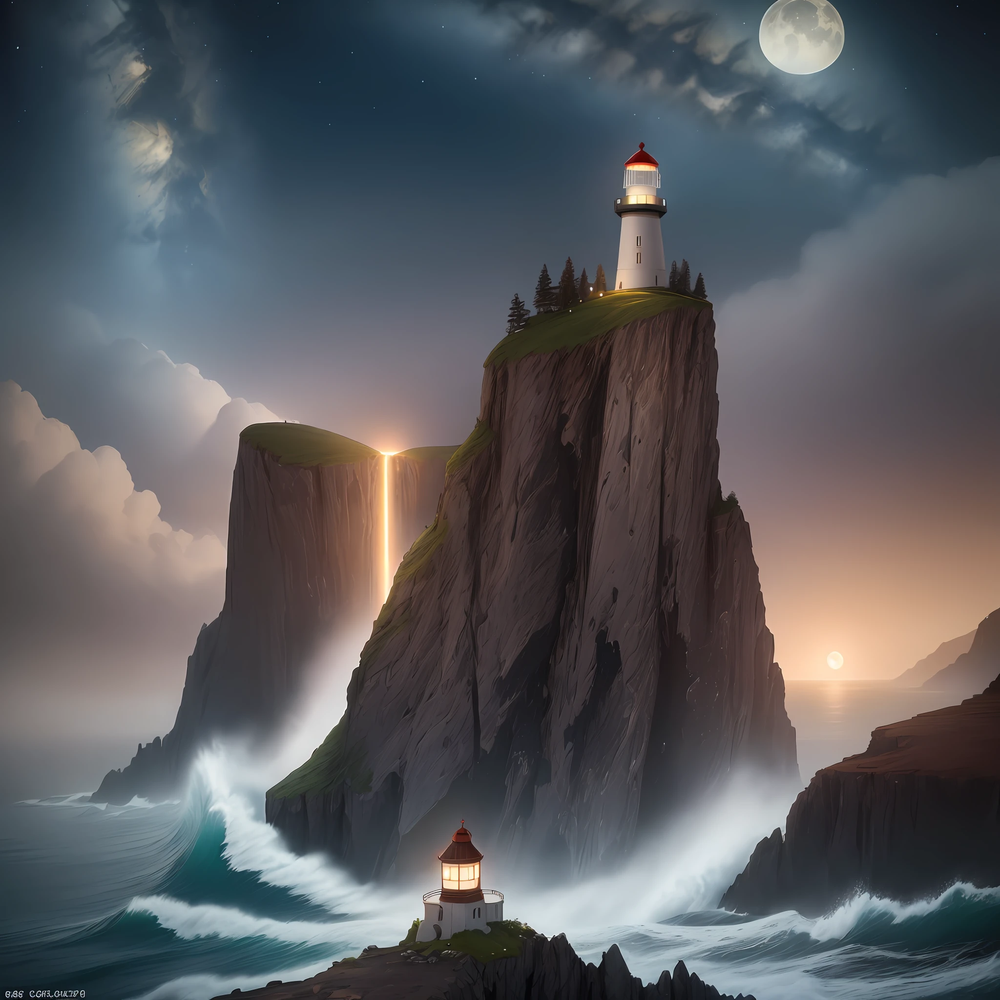 In drawing form, there is a lighthouse on a cliff with a light on, Marc Adamus, lighthouse, illuminated in a full moonlight, cliff, Ryan Dyar, beautifully lit landscape, bold lighthouse on the horizon, #00152D, #00849C, #9FD7E4, #C3A58C, #E5DFCC, #00A19E, #23425E, #EAEAF0, #003366, #00A0B0, #66CCFF, #D3BFA7, #F0EAD6, #00CED1, #336699, #F8F8FF