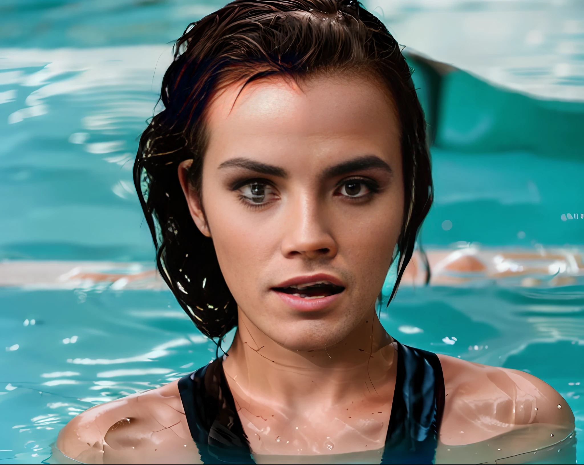 Emma Watson posing for a picture in a pool, seductive stare, smokey eye shadow, fierce - looking, watery red eyes, Wet hair, hair pulled back, water, very realistic film still, movie still, cinematic film still, movie screencap, cinematic still, hyper realistic movie film still,still frame from a movie, professional lighting, professional makeup