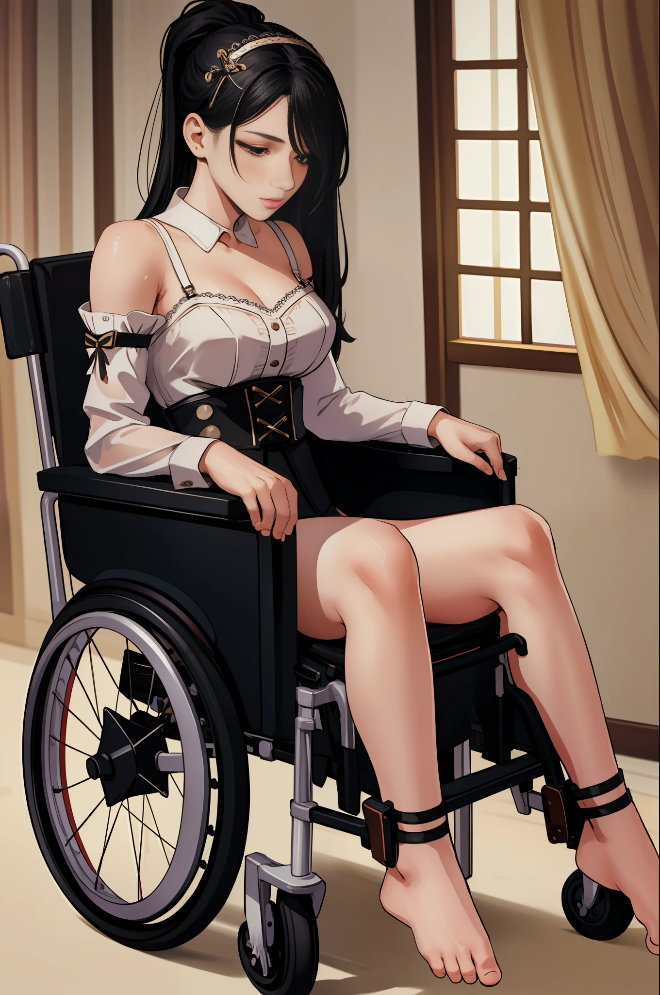 (masterpiece, best quality), intricate details, 
1girl, sensual, trinity\(matrix\), bow hair band, long black hair, black corselet, garter belt, single sleeve, transparent lingerie, thin thighs, bare feet 
((wheelchair)), sitting in a chair,