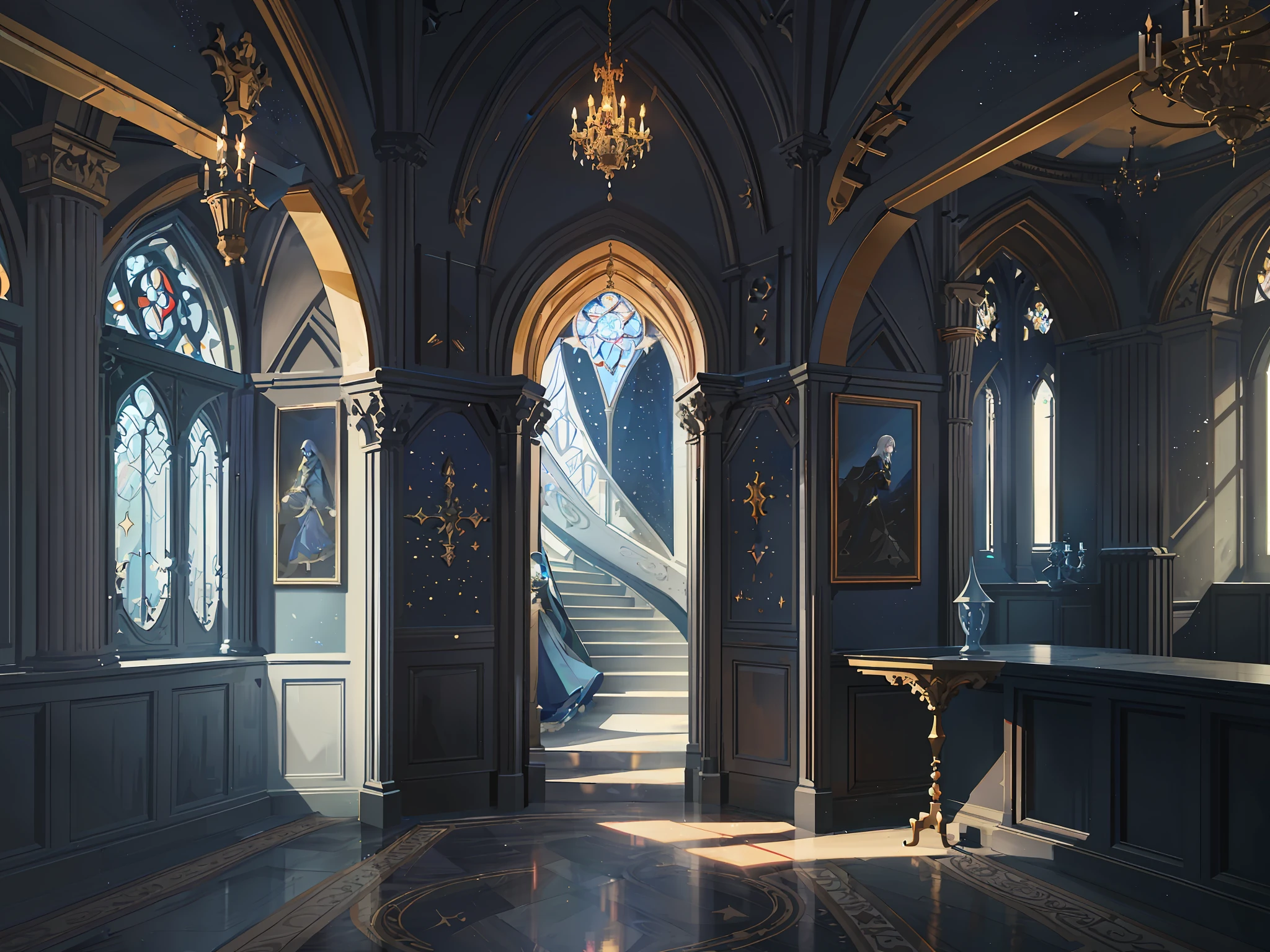 To the west of the castle is where the common rooms and dormitories are located. Common Room: A large circular room with elegant arched windows on the walls hanging from blue and bronze silk from which Ravenclaw students can see the beautiful scenery outside. The ceiling is a dome with stars and stars on the dark blue carpet below. The room has tables and chairs, bookshelves, white marble busts of Rowena Ravenclaw in the niche opposite the door, fantasy concept art, painting concept art, dark and pastel castle background, concept art amazing atmosphere, concept art style, magical concept art, concept art magical highlights. --v6