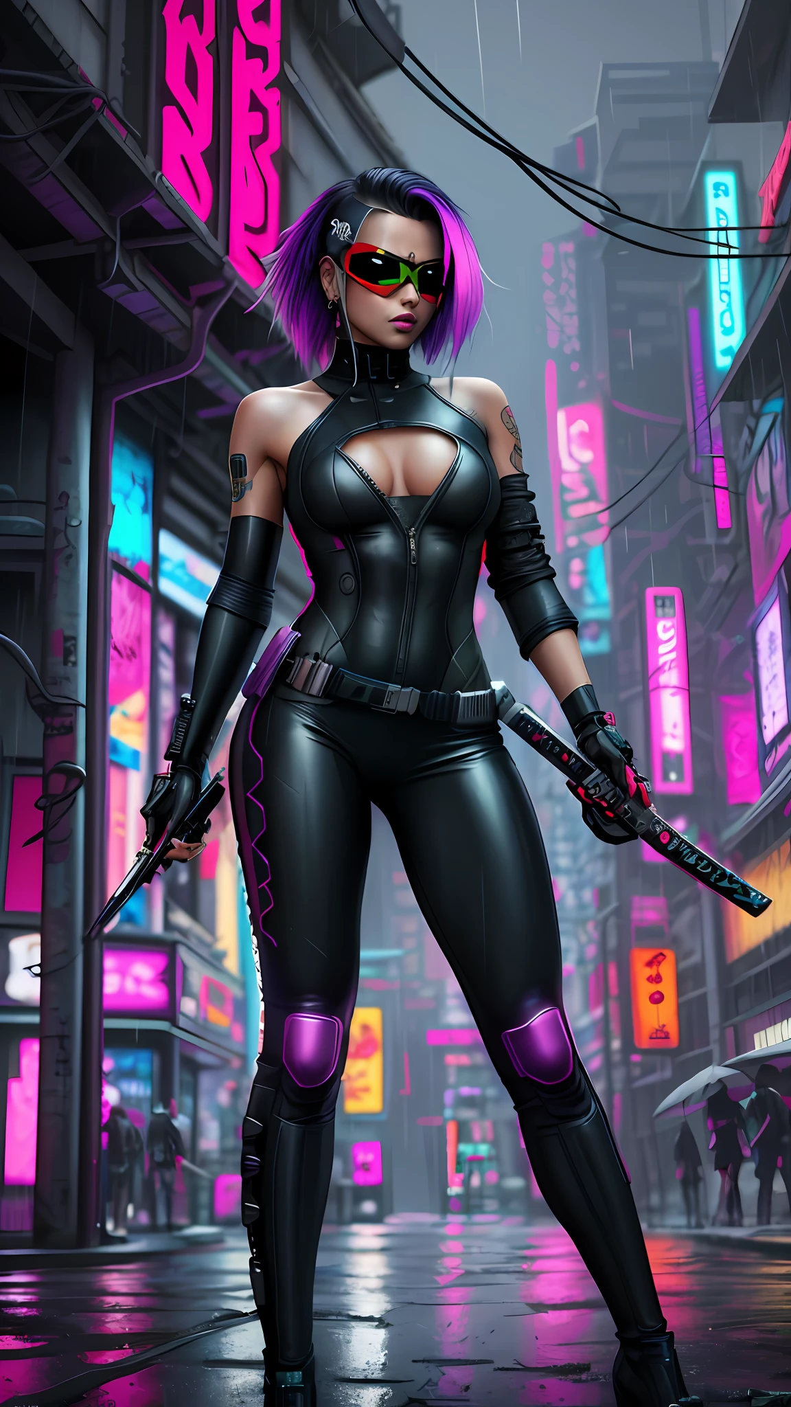 there is a woman holding a katana in the rain, cyberpunk angry gorgeous goddess, cyberpunk dark fantasy art, cyberpunk ninja, cyberpunk digital art, cyberpunk women, cyberpunk 2 0 y. o model girl, cyberpunk woman, cyberpunk art style, cyberpunk vibrant colors, cyberpunk art, cyberpunk digital painting, cyberpunk femme fatale, cyberpunk catsuit, scifi visor
