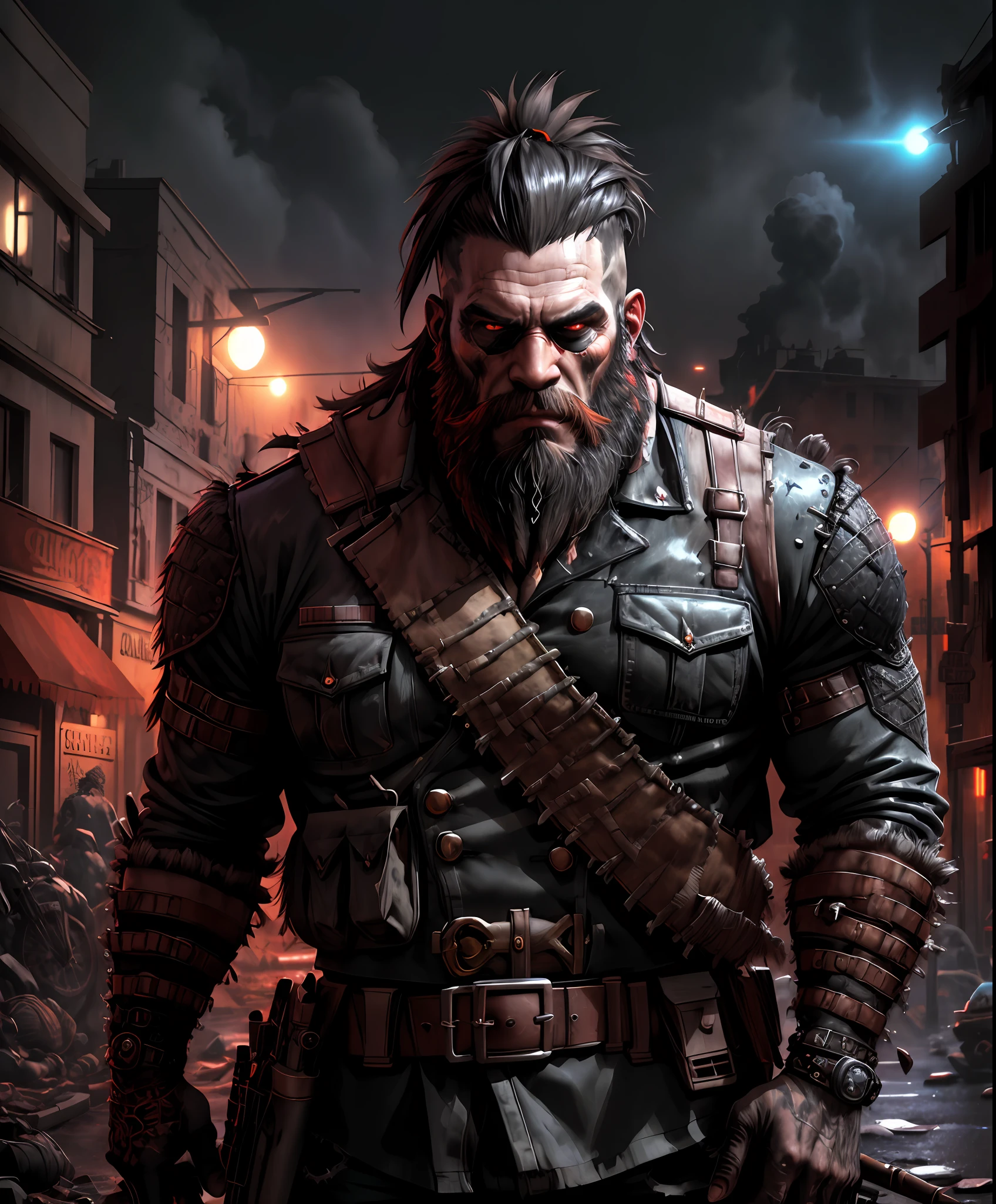 Bearded guerrilla with black punk uniform, crumbling background, realistic, stylish, rutkowski, hdr, intricate details, hyperdetailed, cinematic, rim light, danger atmosphere, noir, night, red light, dark street, rain