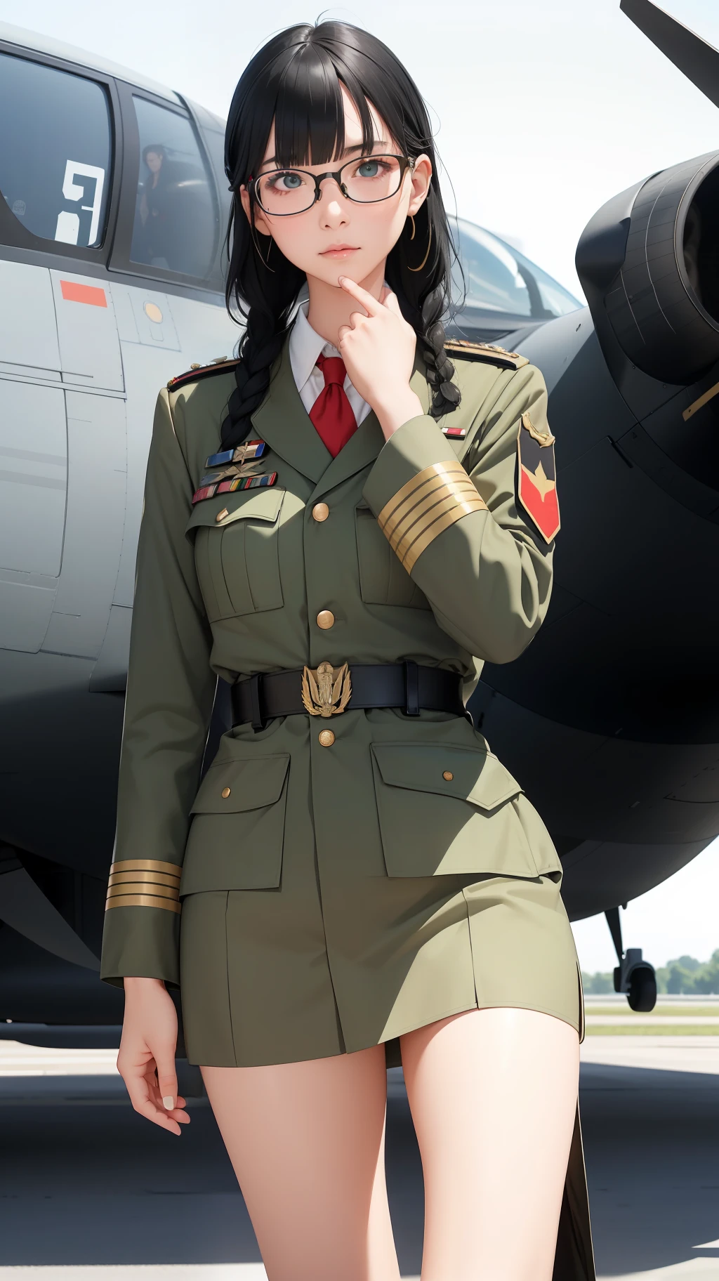 Modest outfit, remote shot, detailed beautiful delicate face, detailed beautiful delicate eyes, perfect facial proportions, high-definition skin, fine skin, four-inch best ratio. With one thumb, a masterpiece, highly detailed, realistic, (World War II German general uniform reference : 1.8), the highest face resolution, adult, modestly dressed woman, dressed entirely, ( small, black hair, black straight bangs, super fine braids, straight bangs, red glasses, dark green eyes), future, science fiction, fighter plane, standing On the landing of a fighter plane, the government agency, a deep intelligent personality, a calm expression, a respectful face, a war, a fighter plane