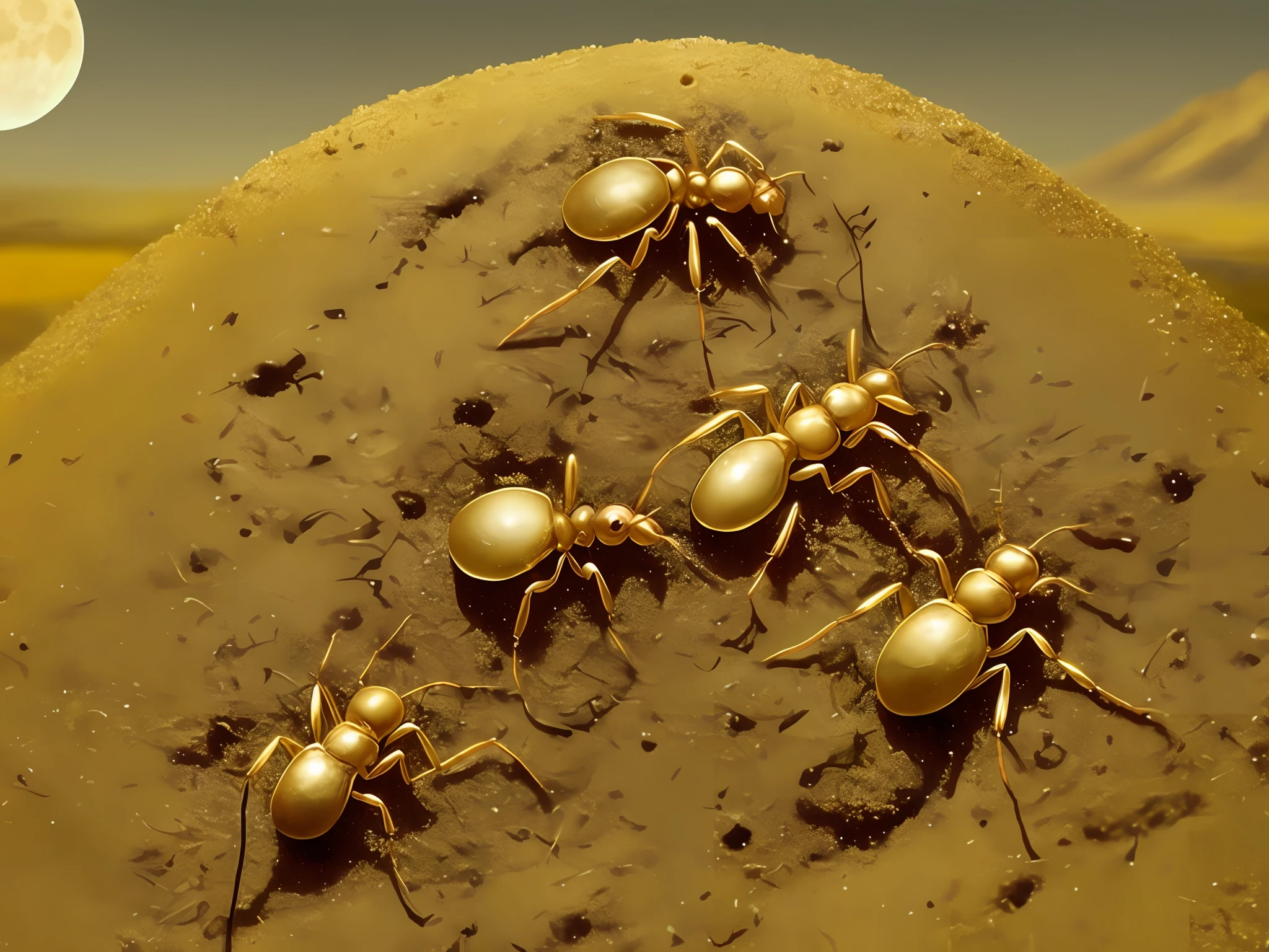 ant hill of gold, jewels, treasure, Large ants, moon