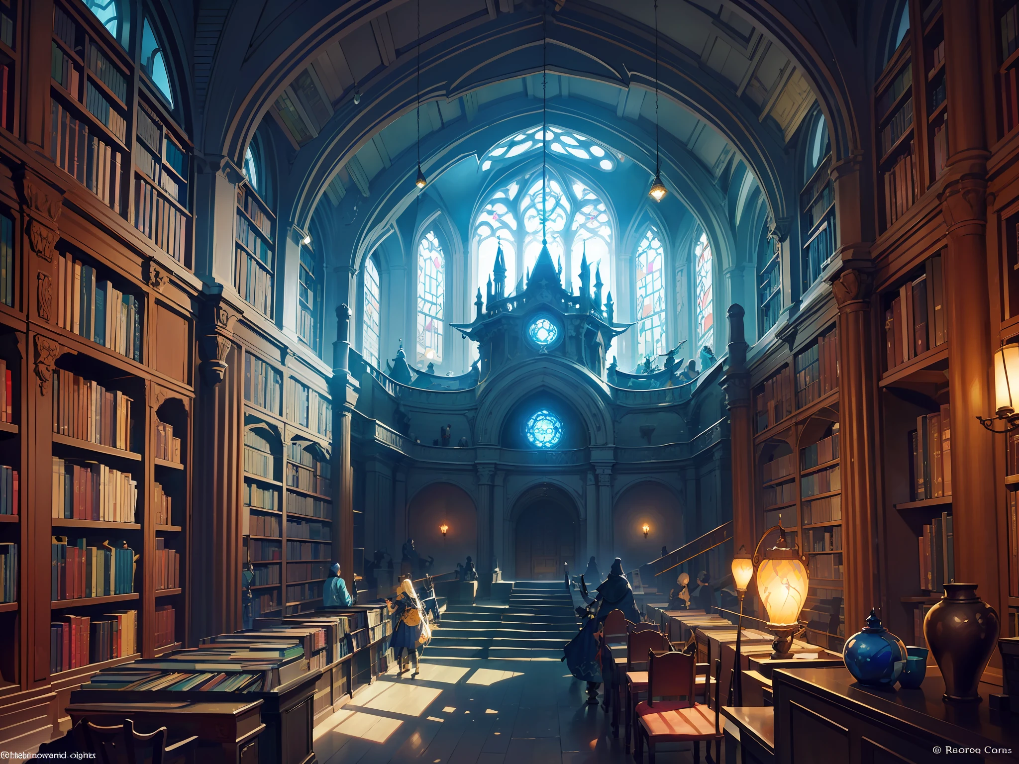 The Magic Library is a very spacious and quiet room surrounded by tens of thousands of books, including magic books, history books, novels, and more. The entire library is surrounded by wooden shelves, some of which are two or three stories high. A large number of books are placed on each shelf, separated by silk cloths to prevent them from colliding with each other and damaging them. In the library, there are also many small rooms, each with bookshelves, soft chairs and tables where students can read and study quietly. There is a huge crystal chandelier on the ceiling that illuminates the entire room. The library is a very spectacular and mysterious place, it is full of magic, people can't help but marvel at the magic and beauty of the library. , Fantastic Fantasy 2 D Concept Art, Painting Concept Art, Fantasy Concept Art, Concept Art Amazing Atmosphere, Concept Art Style, Fantastic Concept Art, Inspired by Andreas Rocha, Concept Art Magical Highlights, Medieval Concept Art, --v6