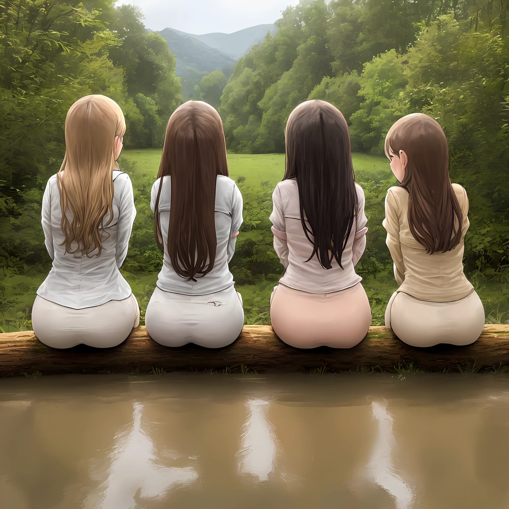 four women with bare bums exposed Sitting on wood log above ditch filled with brown mud and excrement, world war two, germany, reading, upset stomach, view from behind