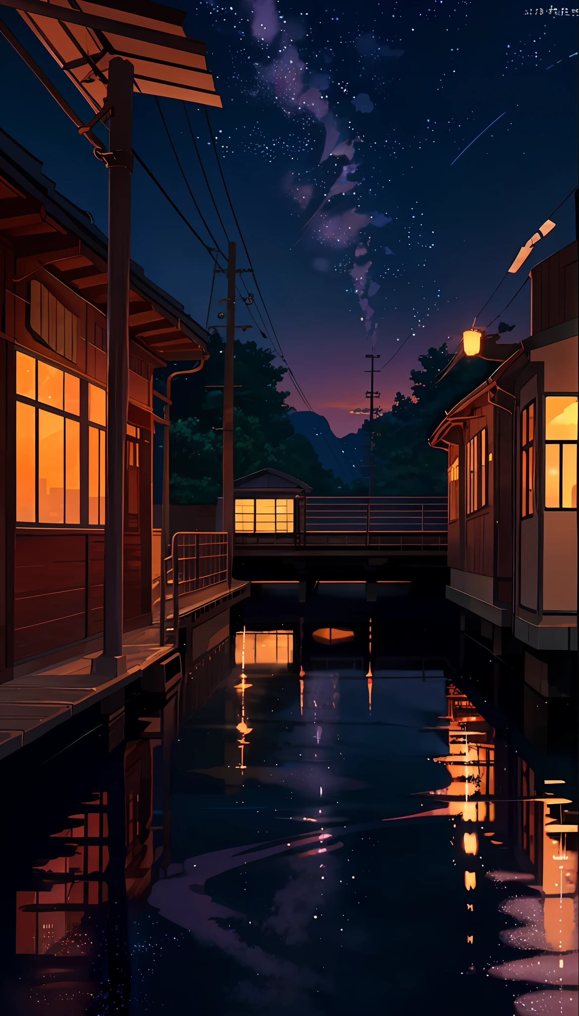Masterpiece, anime train passing through bodies of water on tracks, purple and pink starry sky, brilliant starry sky. Romantic train, Makoto Shinkai's picture, pixiv, concept art, lofi art style, reflection. by Makoto Shinkai, lofi art, Beautiful anime scene, Anime landscape, detailed scenery —width 672, in style of Makoto shinkai, style of Makoto shinkai, enhanced details.