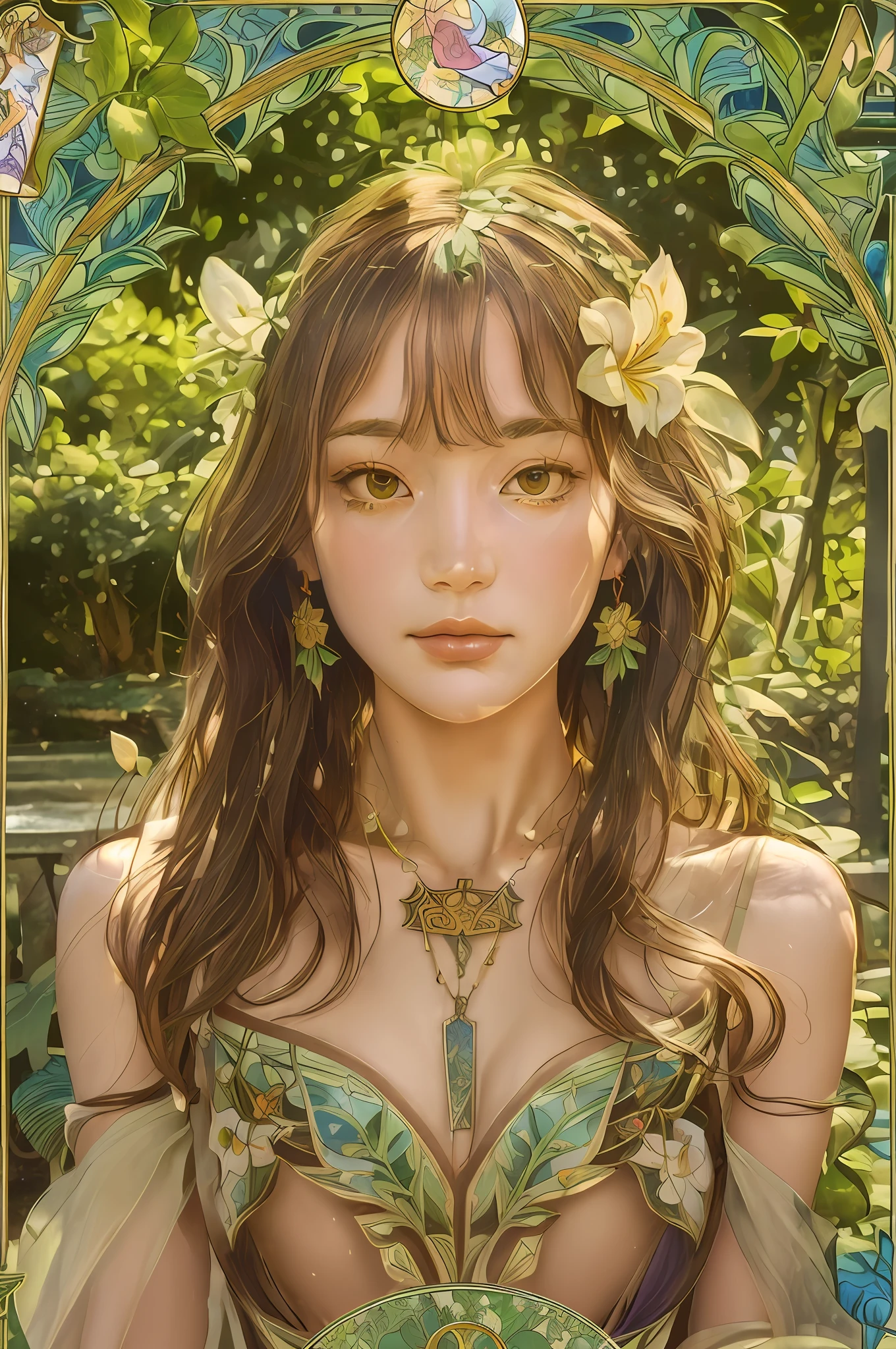 masterpiece, best quality, Alphonse Mucha, art nouveau,
(tarot card style:1.3), unique tarot card framework incorporating floral and greenery elements,
blunt bangs, black straight long hair, looking at viewer,
Amidst a verdant garden, a mystical maiden in a blossoming gown dances with ethereal creatures, bathed in sunlight that illuminates flourishing flora and ancient tarot symbols,
roses, lilies, cherry blossoms, irises, foliage, moss, and vines, elegant dresses inspired by nature, accessories including flower and leaf-designed necklaces, earrings, rings, bracelets, hair ornaments, butterflies, birds, bees, tarot symbols reimagined with floral and greenery designs, goddesses, natural backgrounds like gardens, forests, lakesides, effective use of light and shadow,
realistic, hyper realistic lifelike 3d, zentangle,