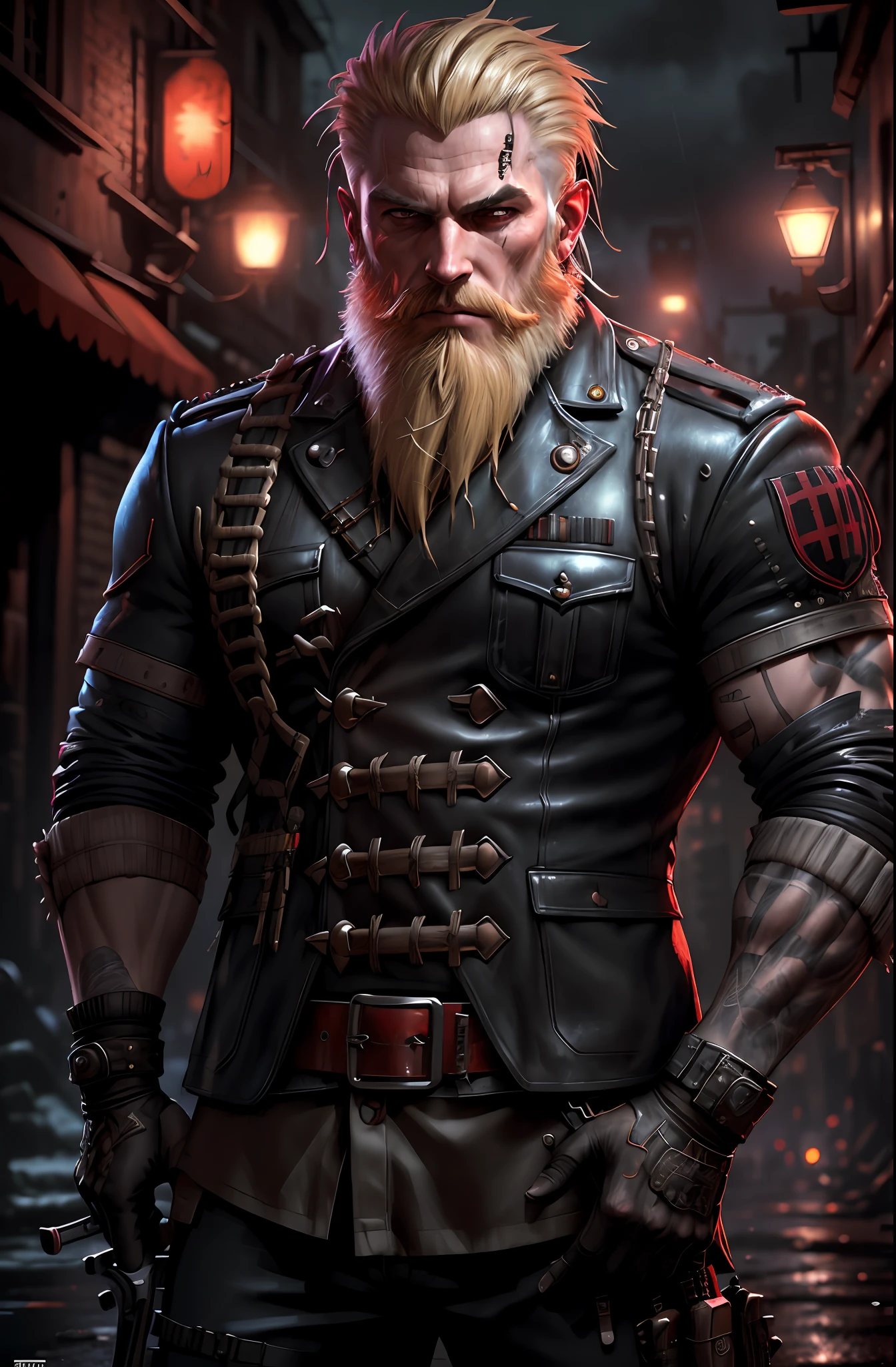 Blonde guerrilla with punk black uniform, beard, ruined background, realistic, stylish, rutkowski, hdr, intricate details, hyperdetailed, cinematic, rim light, danger atmosphere, noir, night, red light, dark street, rain