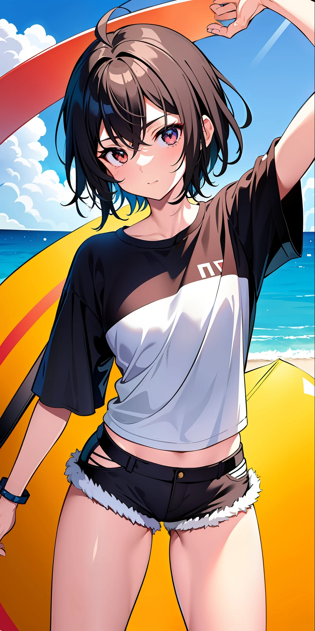 "A stunning anime masterpiece featuring a fierce and solo tomboy girl. She has a lustrous and shiny brown short hair, glowing eyes, and lustrous skin which looks especially stunning against the backdrop of a beach. She's dressed in shorts and a tee shirt, showing off her deep tanned body, with gray eyes (multiplier: 1.2) bringing depth to her already mesmerizing gaze." flat chested