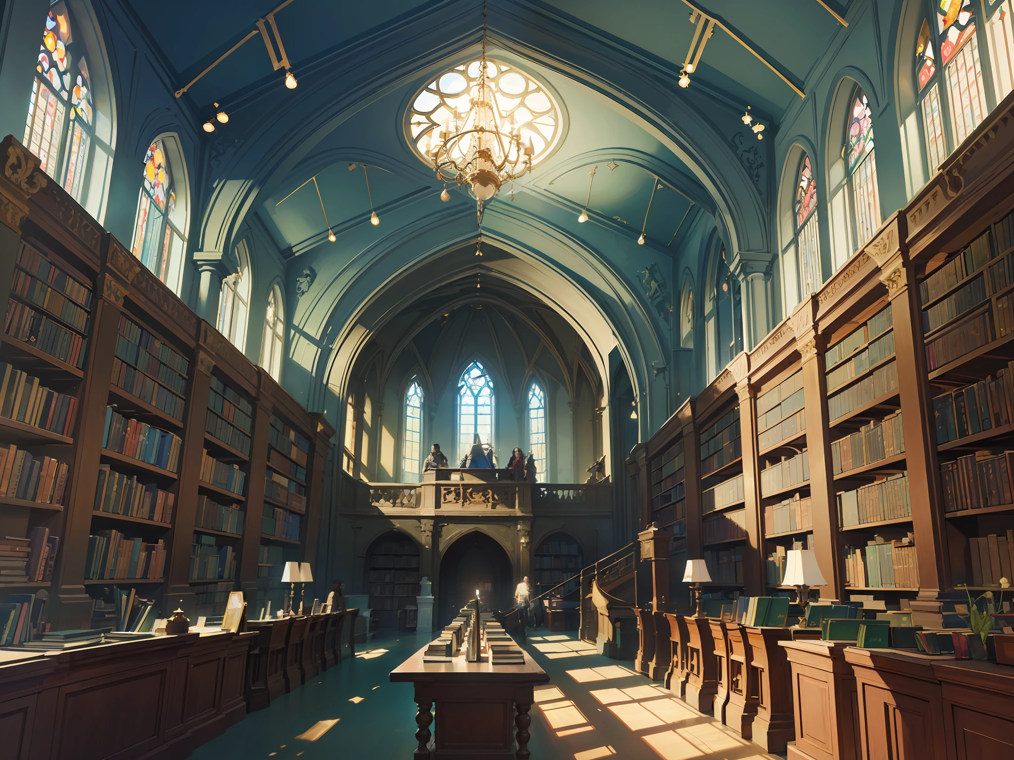 The Magic Library is a very spacious and quiet room surrounded by tens of thousands of books, including magic books, history books, novels, and more. The entire library is surrounded by wooden shelves, some of which are two or three stories high. A large number of books are placed on each shelf, separated by silk cloths to prevent them from colliding with each other and damaging them. In the library, there are also many small rooms, each with bookshelves, soft chairs and tables where students can read and study quietly. There is a huge crystal chandelier on the ceiling that illuminates the entire room. The library is a very spectacular and mysterious place, it is full of magic, people can't help but marvel at the magic and beauty of the library. , Fantastic Fantasy 2 D Concept Art, Painting Concept Art, Fantasy Concept Art, Concept Art Amazing Atmosphere, Concept Art Style, Fantastic Concept Art, Inspired by Andreas Rocha, Concept Art Magical Highlights, Medieval Concept Art, --v6