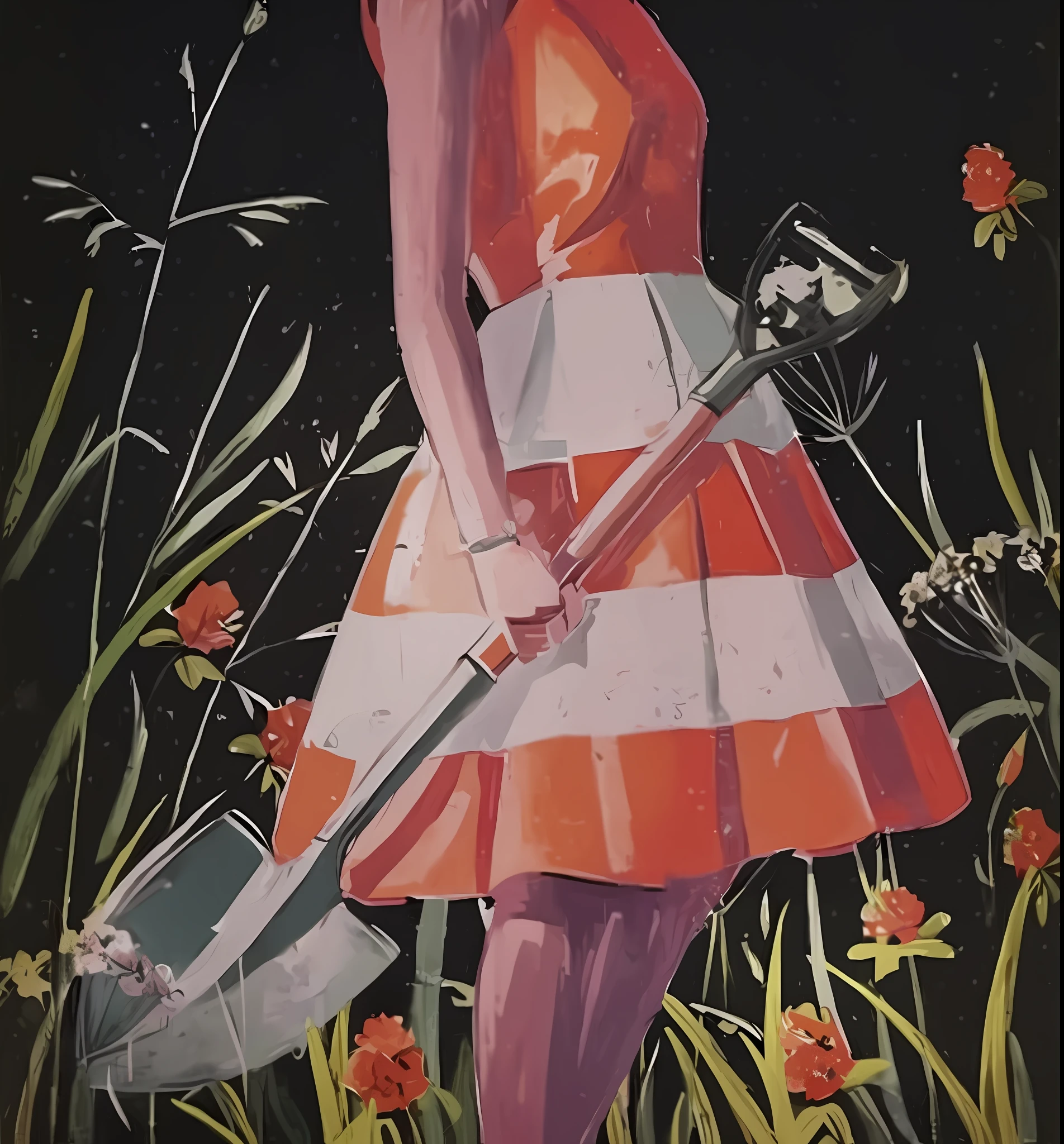 a close up of a woman in a dress holding a shovel, 1 9 6 0 s soviet poster, by Margaret Leiteritz, by Ray Crooke, by Andrée Ruellan, by Antonio Saura, by Zoran Mušič, by Felice Casorati, by Béla Kondor, 1960s illustration, gardening