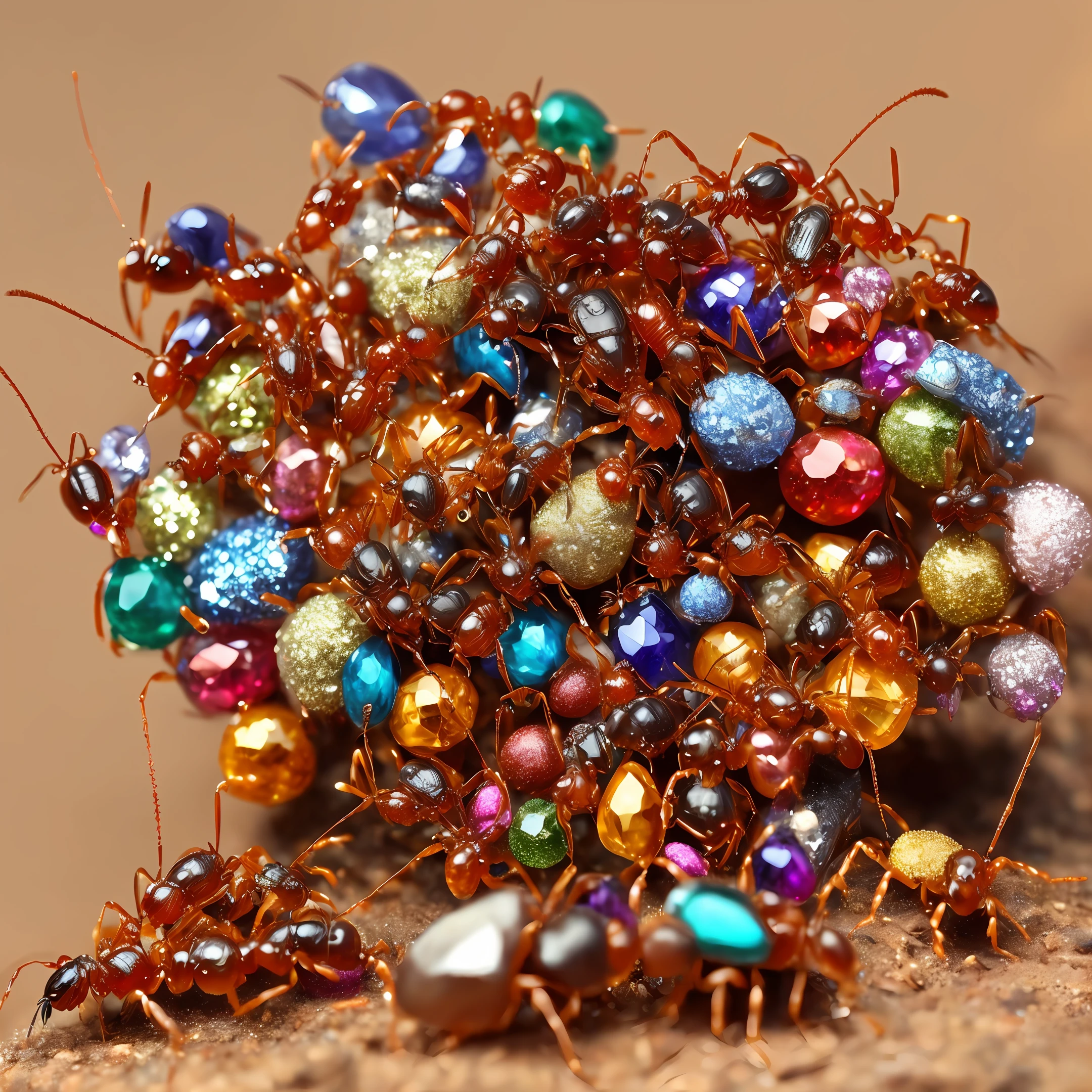 colorful, shiny jewels and treasure on anthill, busy working ants