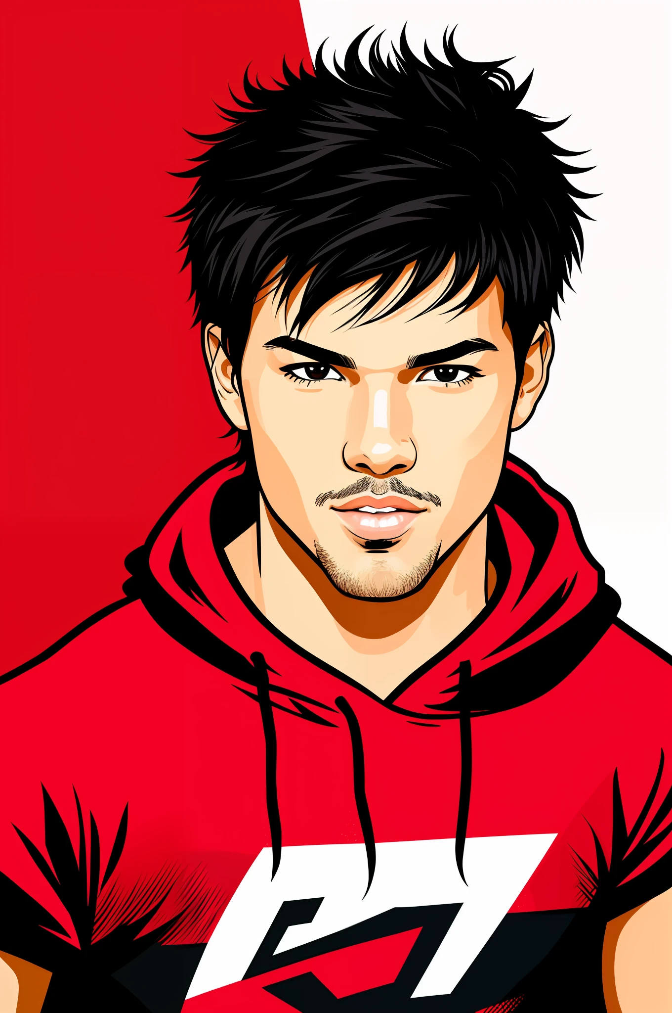 Michael B Jordan styled Taylor Lautner sitting in a gaming chair looking at his notebook (masterpiece), (best quality: 1.0), (ultra highres: 1.0), detailed illustration, 8k, 1boy, anime boy, wearing eed t-shirt, smiling, detailed face, perfect face, anime eyes, detailed eyes, dark red eyes, eye highlights, detailed hair, black hair, hair highlights, time of day,  highly detailed, anime style, vibrant, red theme
