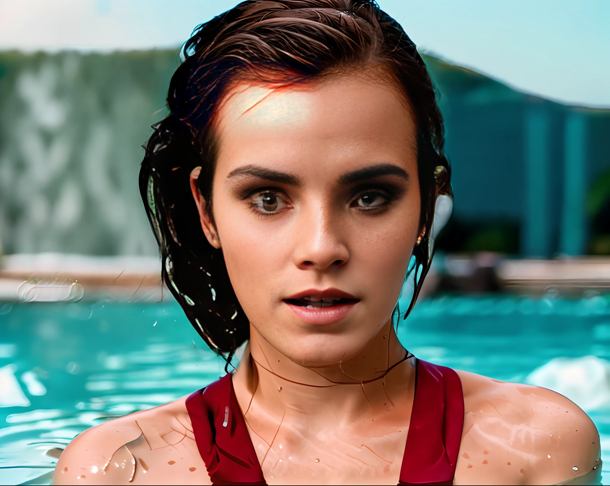Emma Watson posing for a picture side of pool, seductive stare, smokey eye shadow, fierce - looking, watery red eyes, Wet hair, hair pulled back, water, very realistic film still, movie still, cinematic film still, movie screencap, cinematic still, hyper realistic movie film still,still frame from a movie, professional lighting, professional makeup