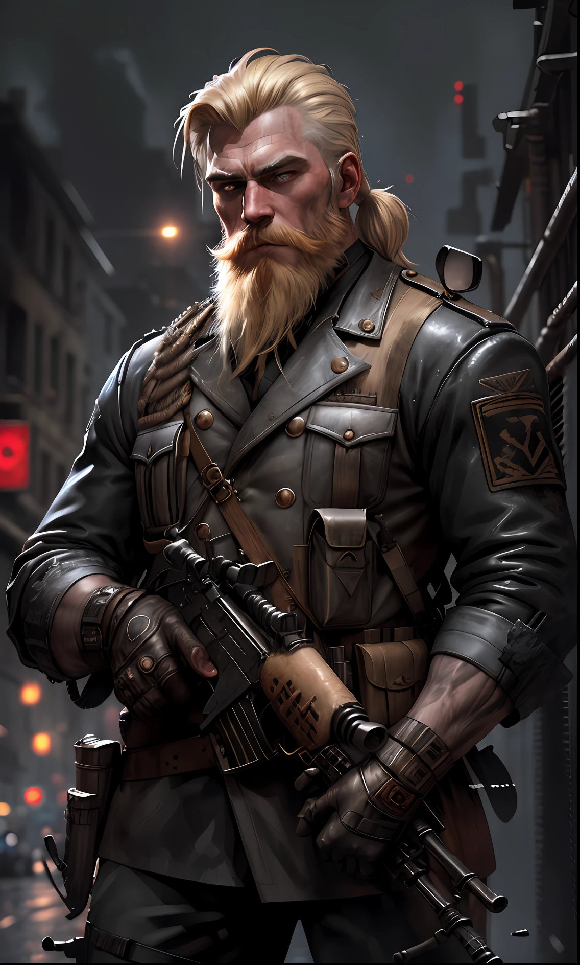 Blond guerrilla with worn black uniform, uses rifle, beard, ruined background, realistic, stylish, rutkowski, hdr, intricate details, hyperdetailed, cinematic, rim light, danger atmosphere, noir, night, red light, dark street, rain, 4k