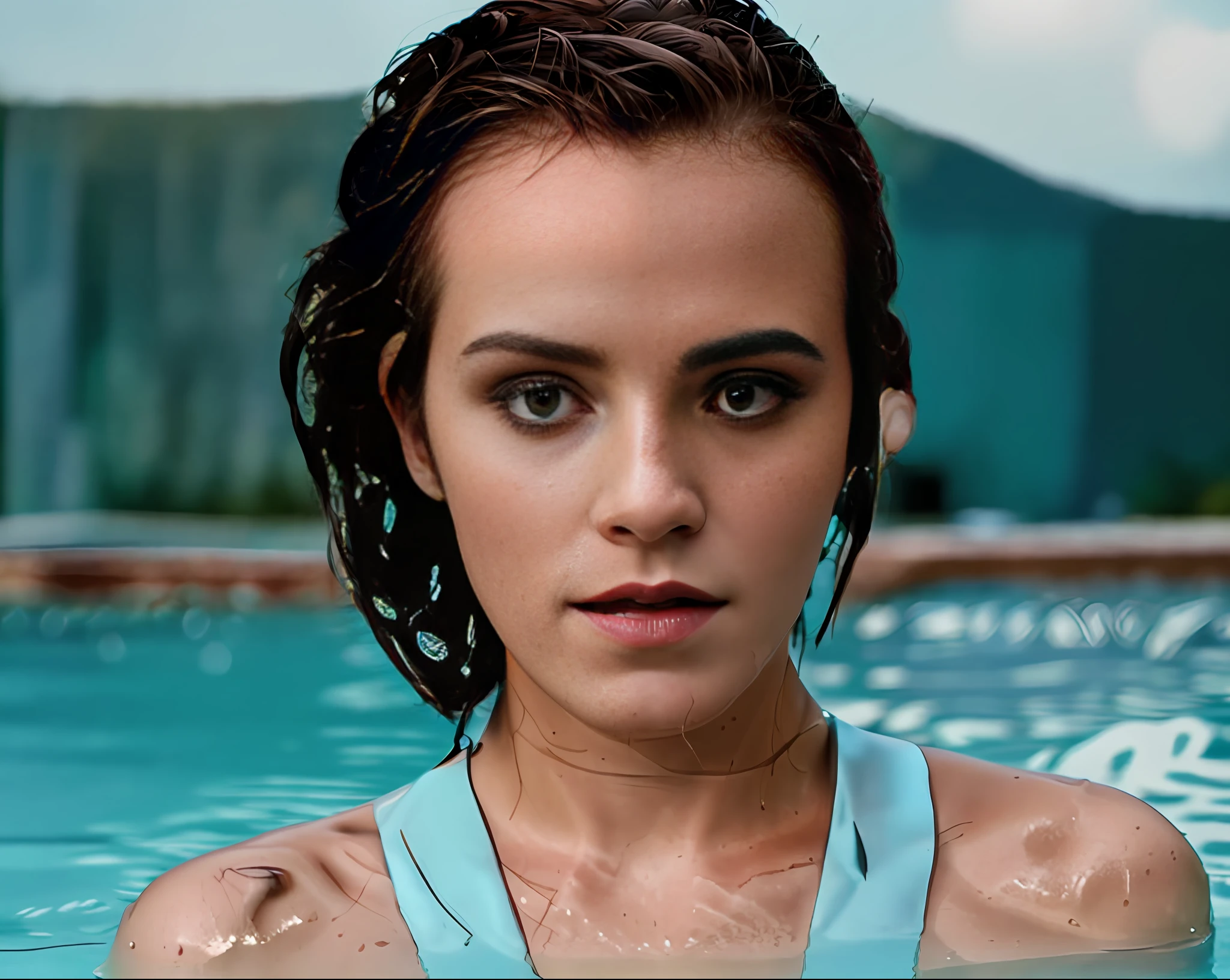 Emma Watson posing for a picture side of pool, seductive stare, smokey eye shadow, fierce - looking, watery red eyes, Wet hair, hair pulled back, water, very realistic film still, movie still, cinematic film still, movie screencap, cinematic still, hyper realistic movie film still,still frame from a movie, professional lighting, professional makeup