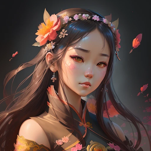 a woman with a flower crown on her head and a flower in her hair, digital art by Fan Qi, trending on cg society, fantasy art, artwork in the style of guweiz, realistic. cheng yi, guweiz, beautiful digital artwork, chinese girl, beautiful character painting, detailed face of a asian girl, traditional chinese, chinese style, exquisite digital illustration