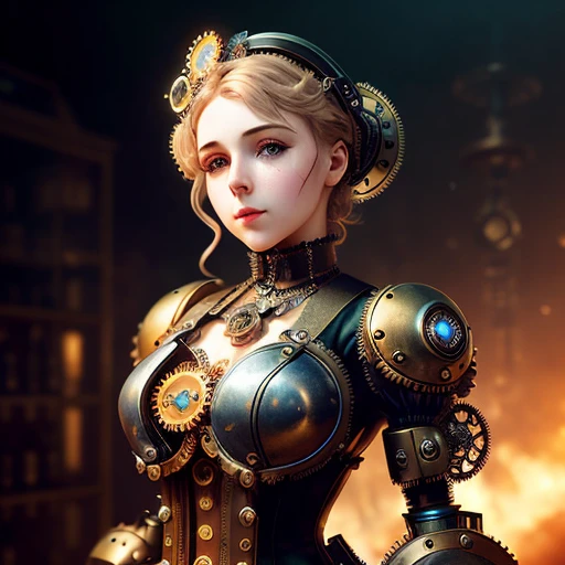 steampunk, machine wastes with a beautiful doll lying, wearing (mechanical gears:1.2), [emb-rrf2], Style-Glass, full body, wide shot, dramatic, backlit, subsurface scattering, realistic face, (detailed face), (highly detailed:1.2), painting, photo realistic