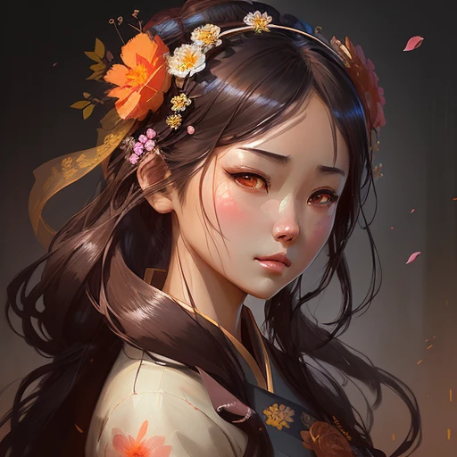 a woman with a flower crown on her head and a flower in her hair, artwork in the style of guweiz, realistic. cheng yi, guweiz, beautiful digital artwork, chinese girl, beautiful character painting, detailed face of a asian girl, traditional chinese, chinese style, by Fan Qi, exquisite digital illustration, by Yang J, guweiz masterpiece