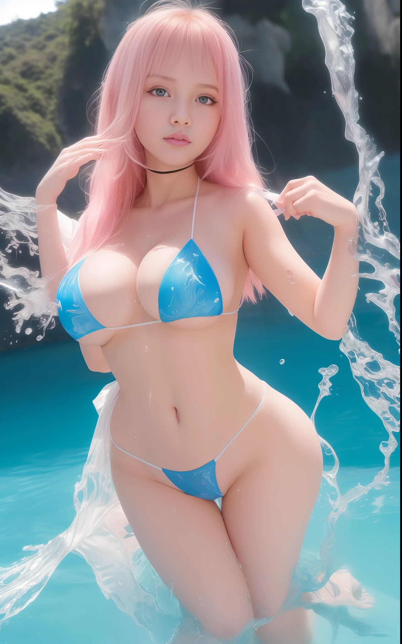 (high-quality CG unity wallpaper, masterpiece, best quality),(extremely cute, extremely naughty),(large bimbo girl),(playful, hot, sexy),(micro string triangle bikini, micro string skirt),(blue, pink, white: 1.2, black: 0.8),(nice body),(glowing sunshine),(dynamic pose::0.8),(wide shot),(splashing water, playful),(sparkles),(seductive gaze), (exotic location)